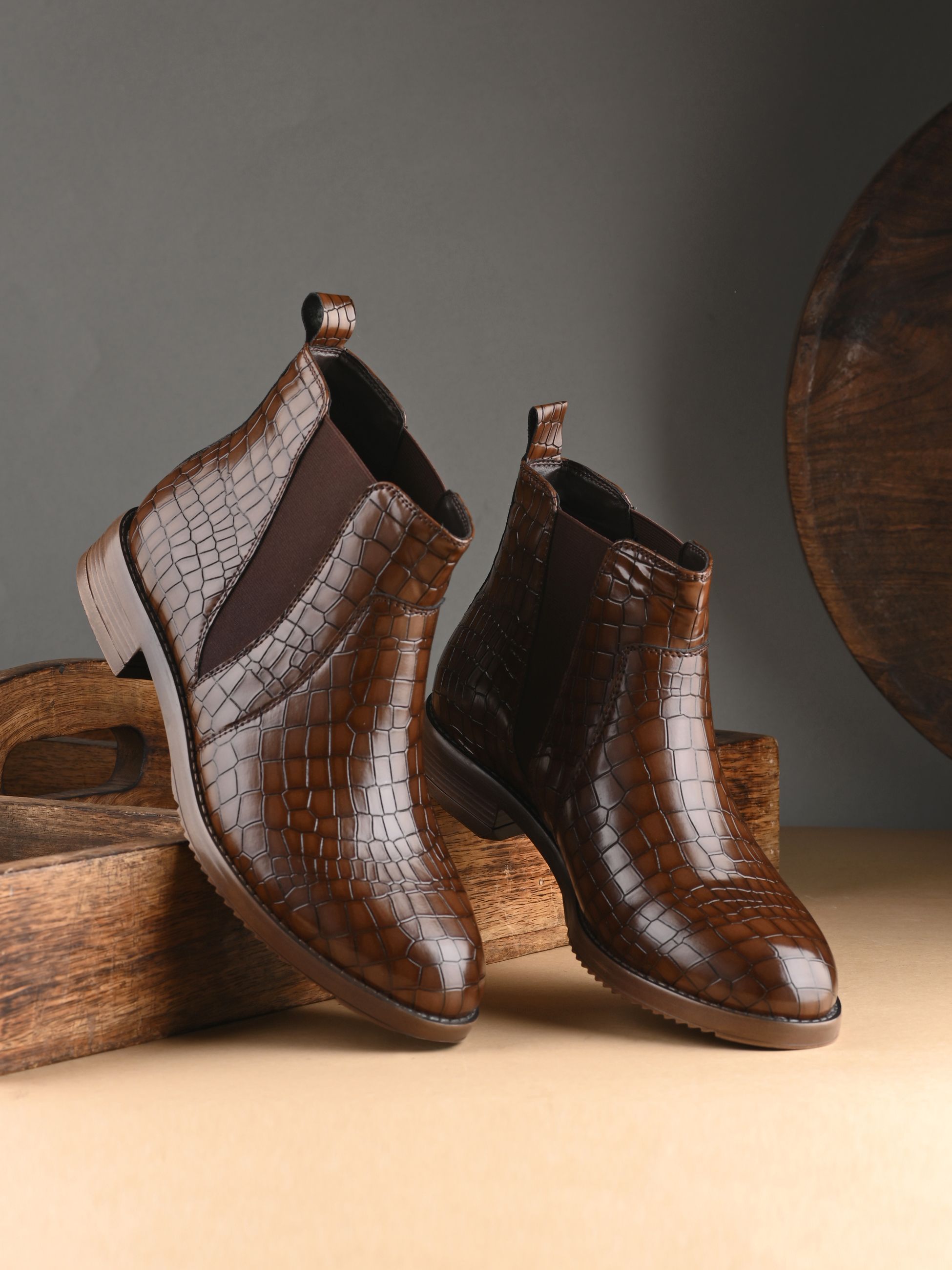 Men Tan Croco Chelsea High Top Ankle Boots Boots For Women-image-34