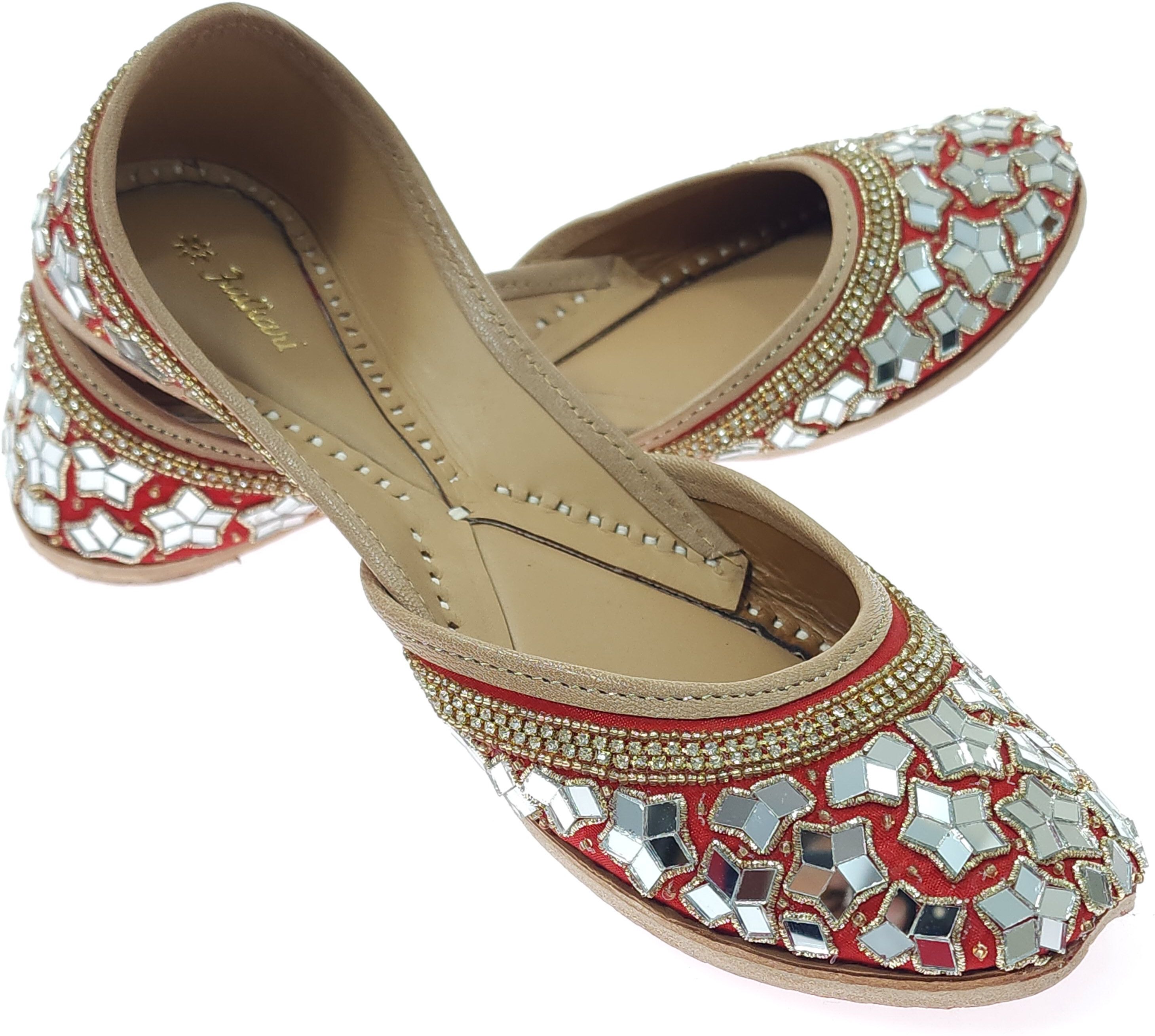 fulkari Ruby Sequins Tan Gold Genuine Soft Leather | Bite Free Embroidered Jutis | 40 Party Wear For Women-picture-10