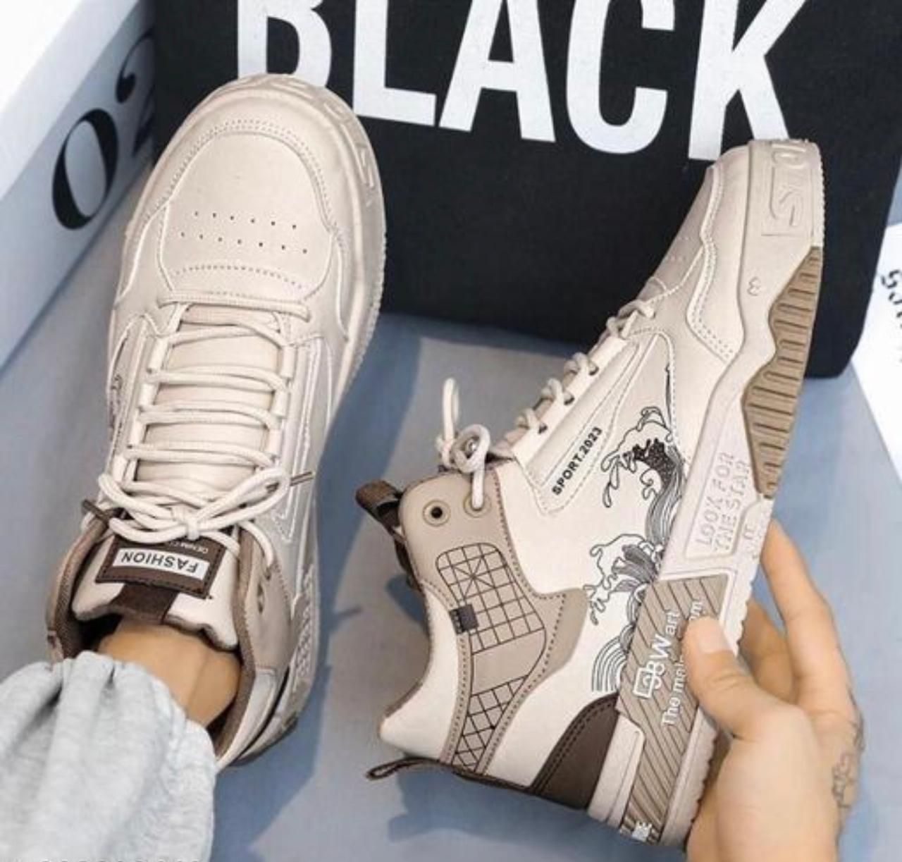 move-edge Men's White Navy Blue Chunky Sneakers Graphic Print Lace-Up Street Style Shoes Sneakers For Men-picture-10