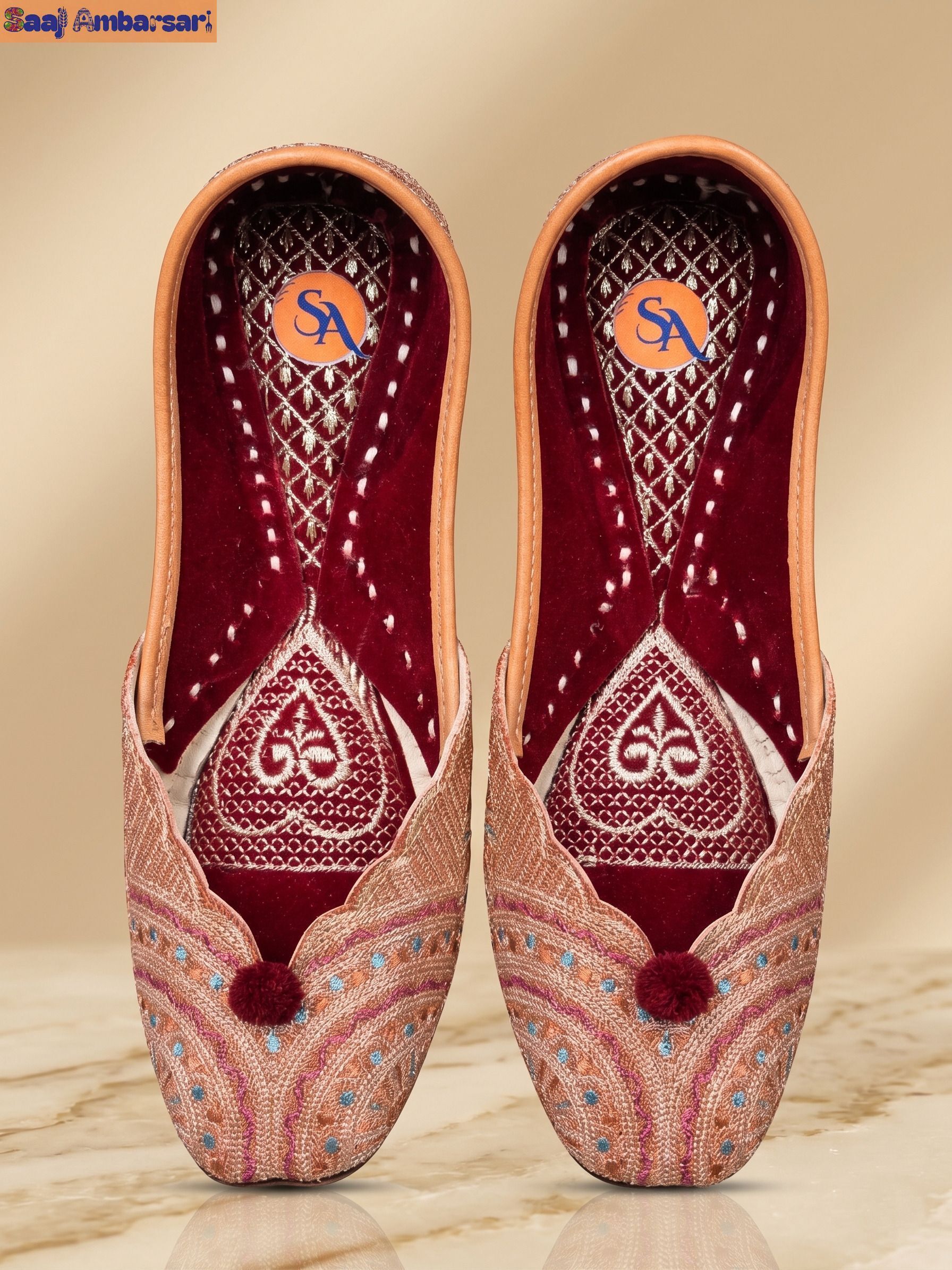 Traditional multicolour Aari threadwork on gold embroidered Punjabi Juti||Mojari Party Wear For Women-image-42