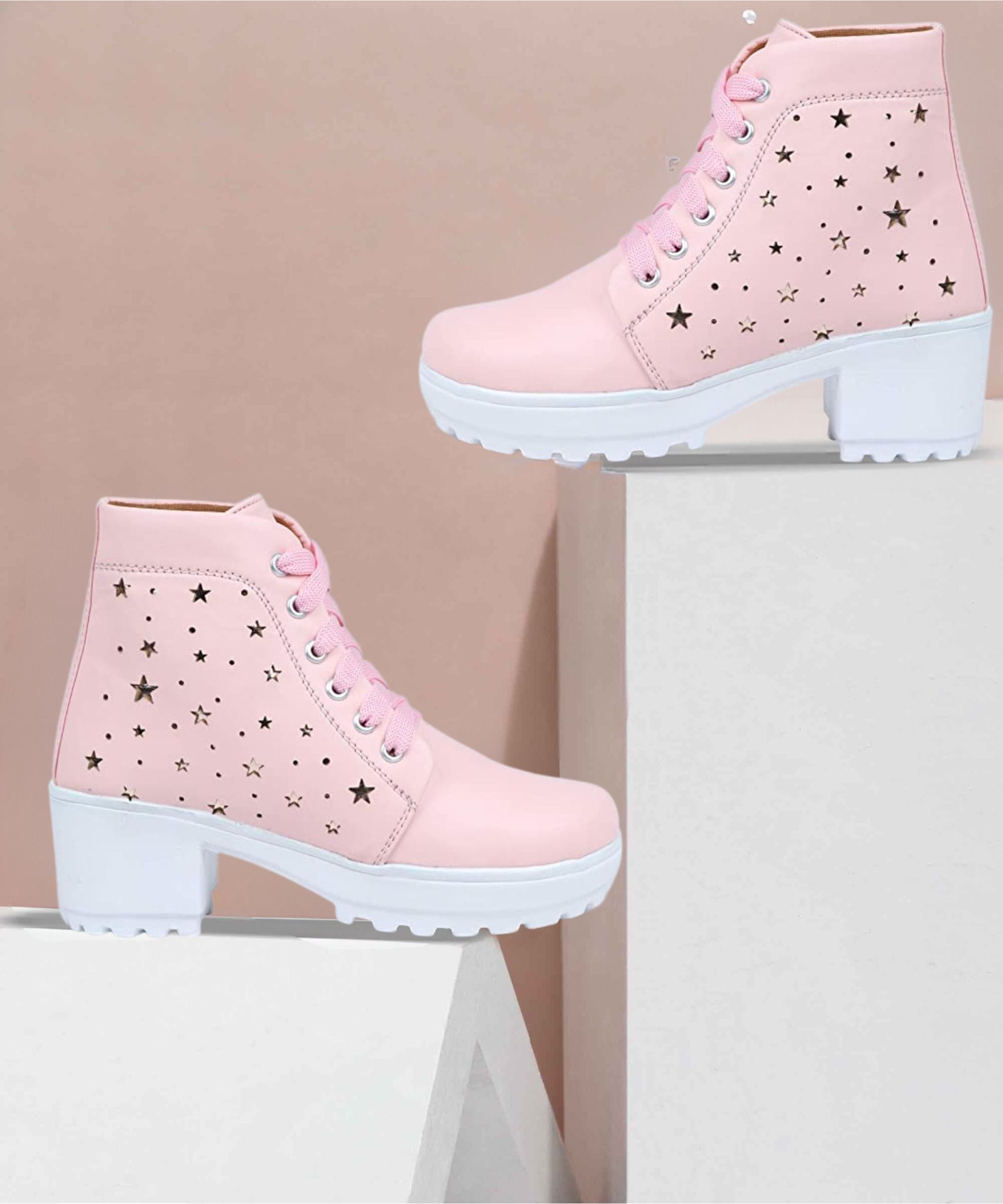 Women Block Heel Boots Synthetic Leather heels with laser cut Boots For Women-image-25
