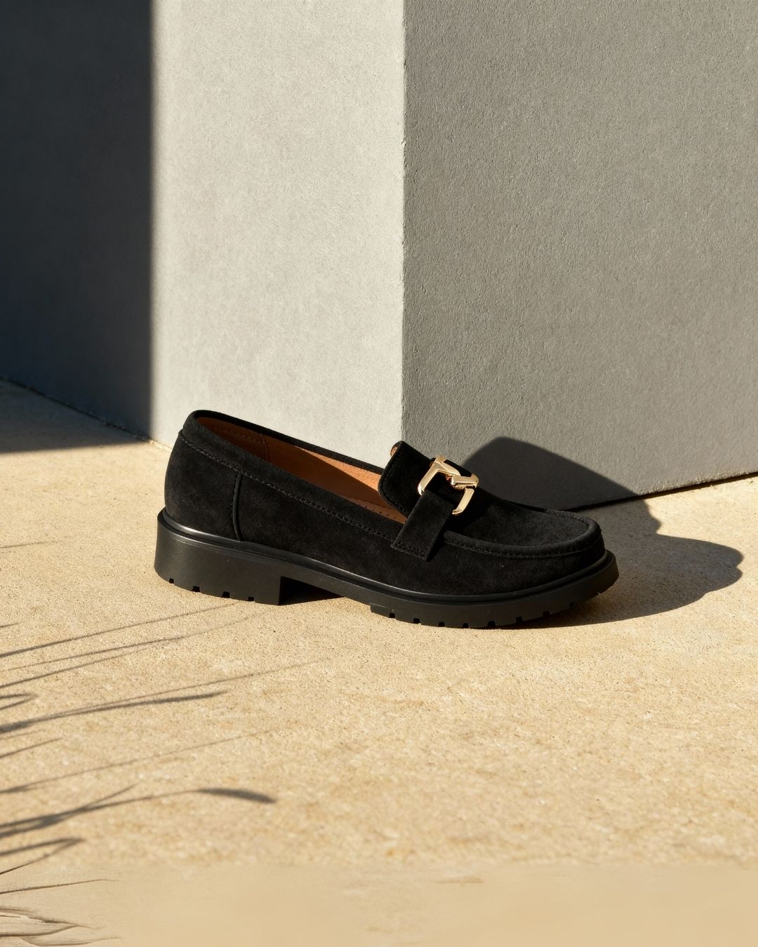 Women's Black Suede Loafers with Gold Buckle Detailing Loafers For Women-image-30