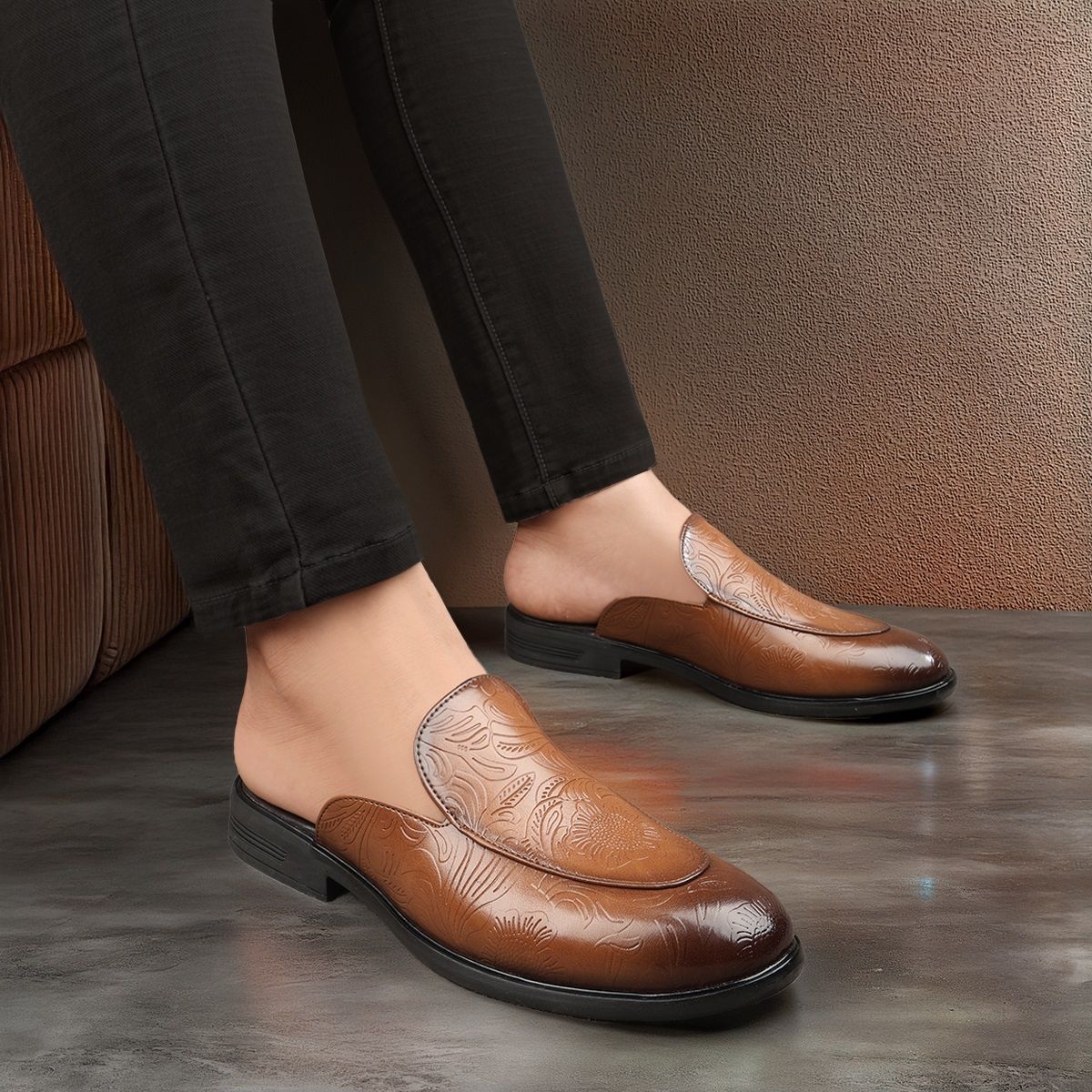 Men Tan Embossed Slip-On Smart Casual Mules Loafers For Men-image-45