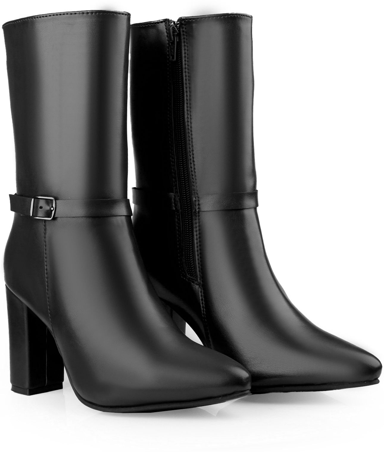 yuvrato baxi Women's 3.5 Inch Faux Leather Stylish Black Mid-Calf Block Heel High Ankle Boot Slip On For Women-picture-13