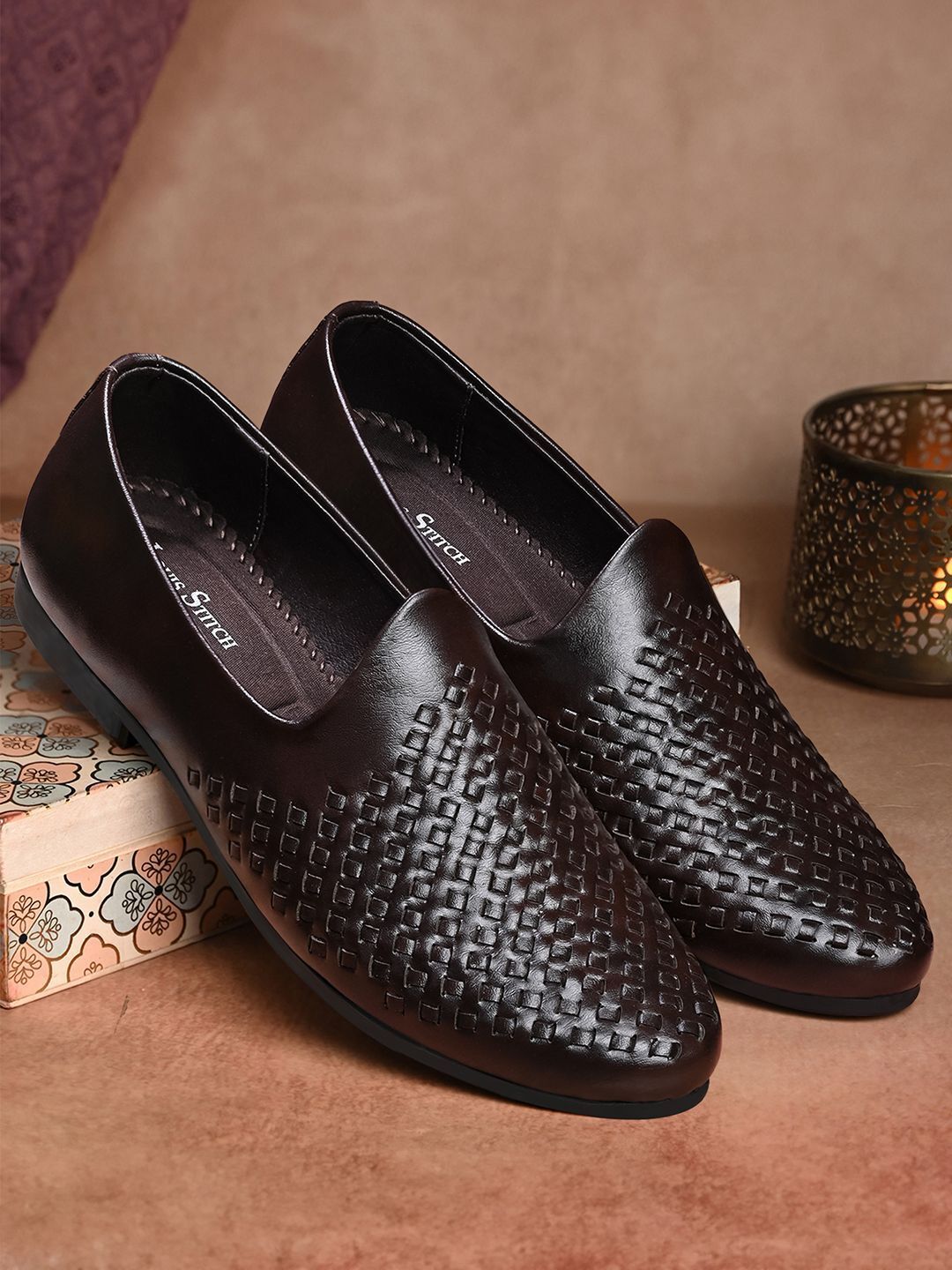louis stitch Men’s Brunette Brown Ethnic Slip-On Lightweight Weaved Nagra Juti for Men Mojaris For Men-picture-27
