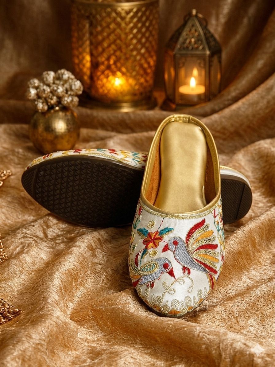 Embroidered Ethnic Mules | Bird Motif Festive Slip-On Juttis & Mojaris Slip On For Women-image-5