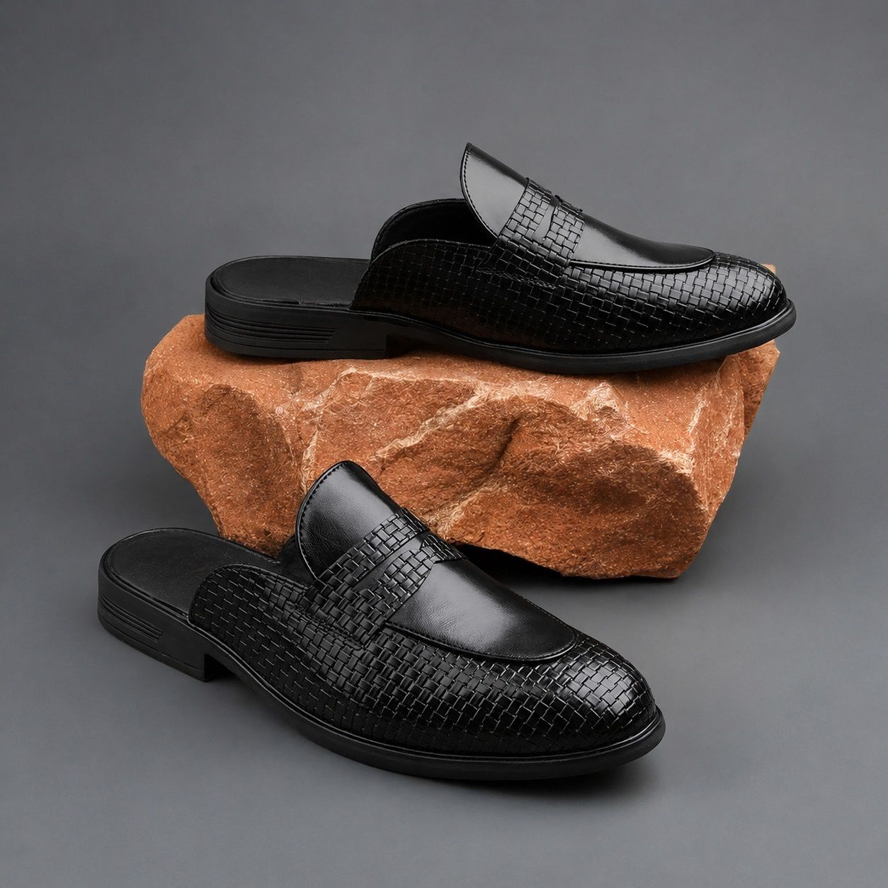 anouk Men Black Woven Textured Slip-On Smart Casual Loafer Mules Loafers For Men-picture-11