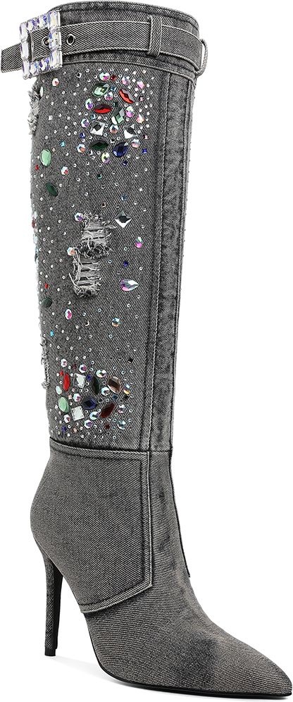 Multi Color Stones Denim Boots For Women-image-16