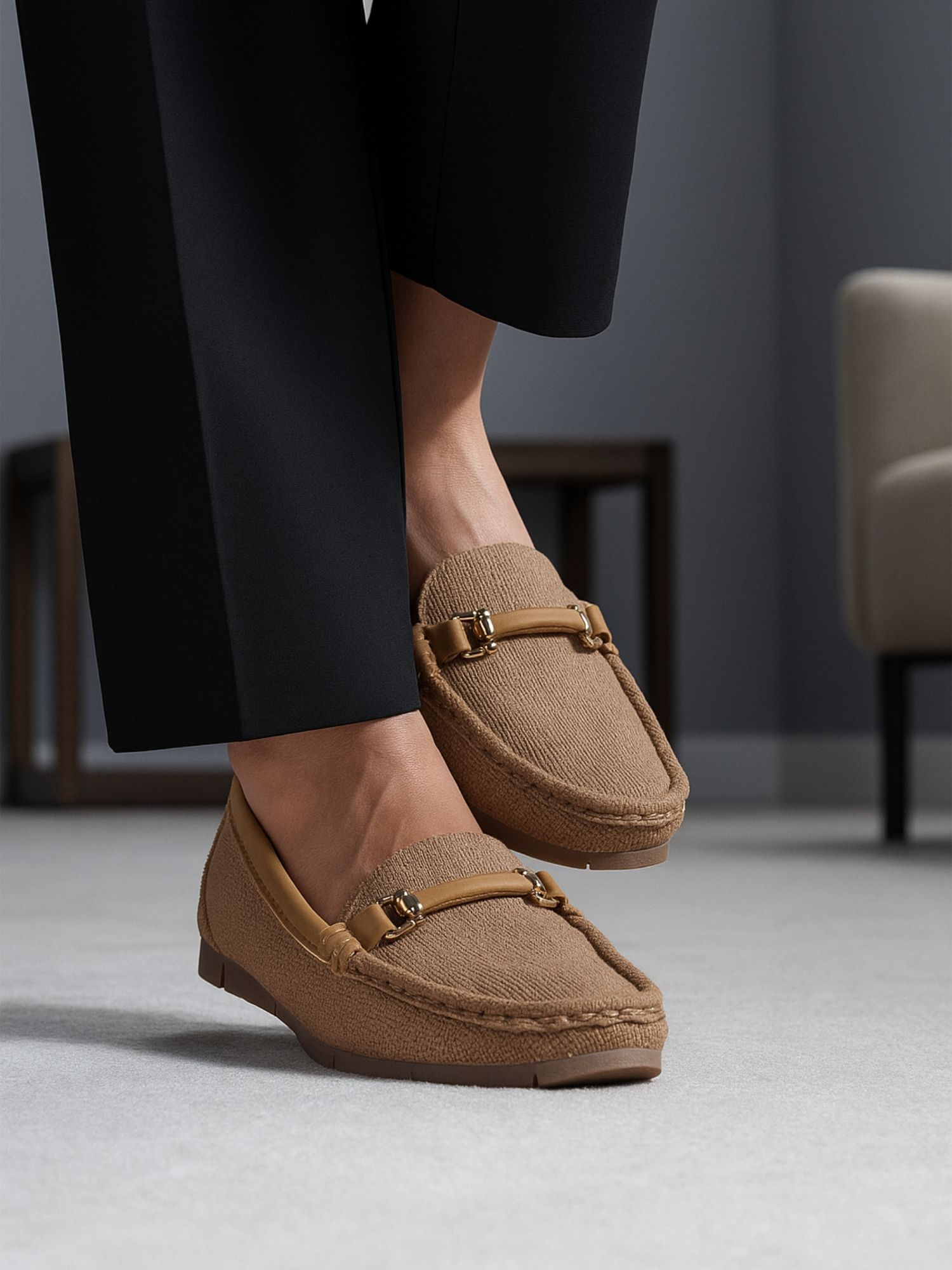 Women's Textured Khaki colour Formal Loafers with Gold Metal Detailing Loafers For Women-image-29