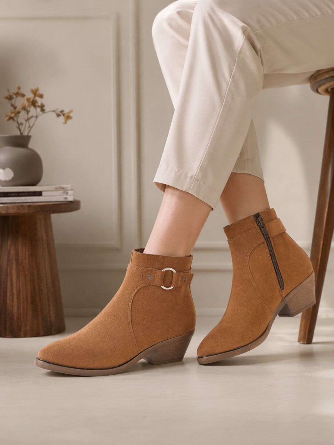 Women tan suede solid casual slip on high top ankle length chelsea boots Boots For Women
