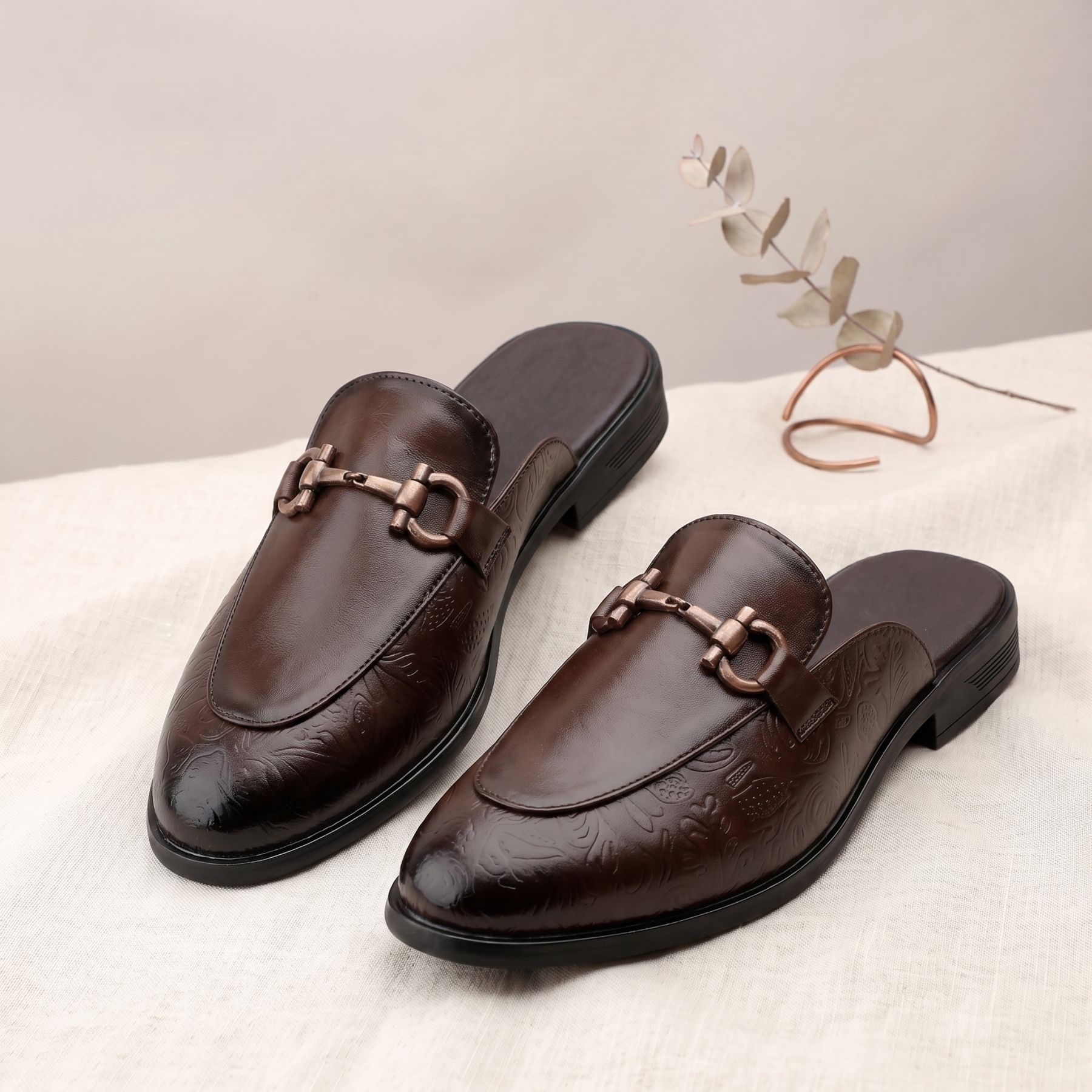 Men Classy Openback Brown Semi-Formal Wedding Slipon Loafer With Embossed Design Ethnic Mule For Men-image-46