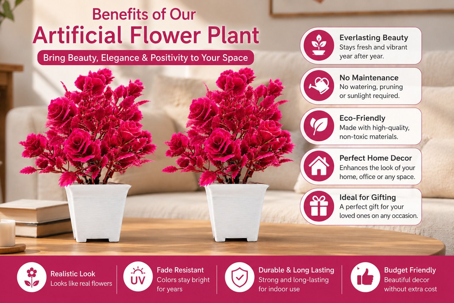 Pink Rose Artificial Plant Set for Living Room, Corner & Study Table (Pack of 2) Bonsai Wild Artificial Plant with Pot-image-48