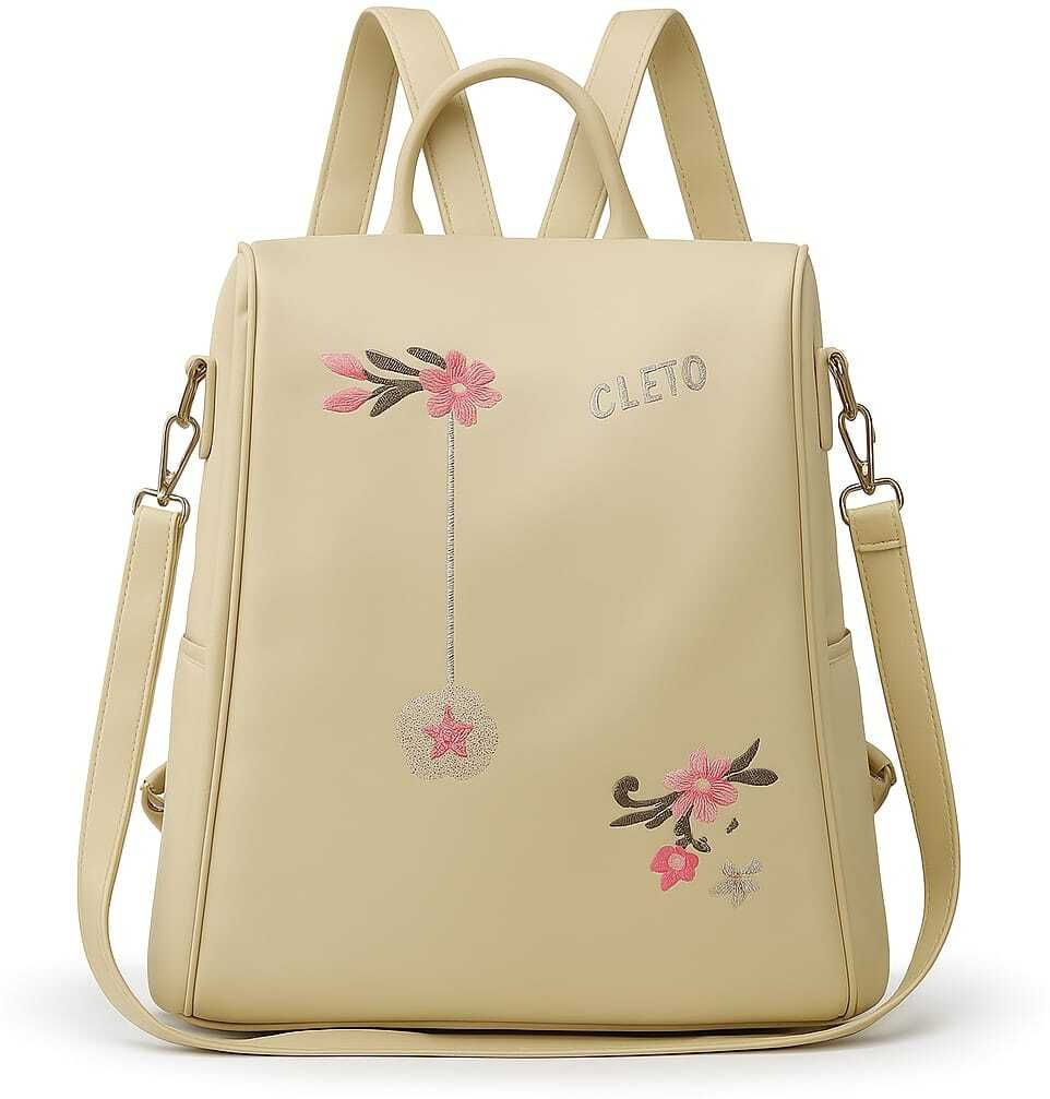Small 12 L Laptop Backpack Trendy Flower Embroidered Stylish 12L Black Backpack-image-1