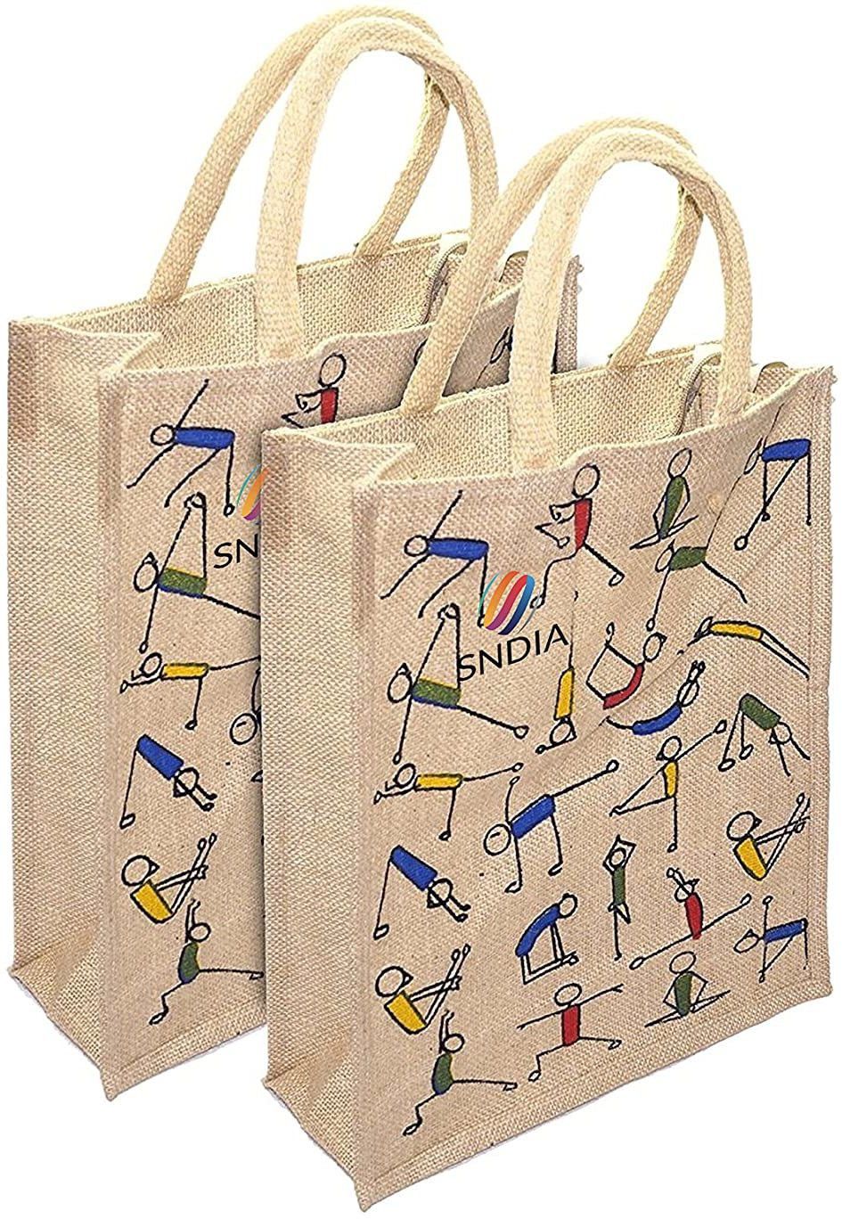 storite Eco-Friendly Jute Bag,2 Pack Yoga Printed Tiffin/Shopping/Grocery Hand Bag Pack of 2 Grocery Bags-picture-10