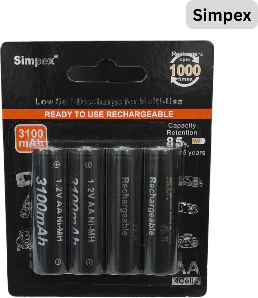 Simpex 3100mAh High Power Ni-Mh AA Ready to Use Rechargeable Battery Pack of 4Camera Battery Charger-image-48