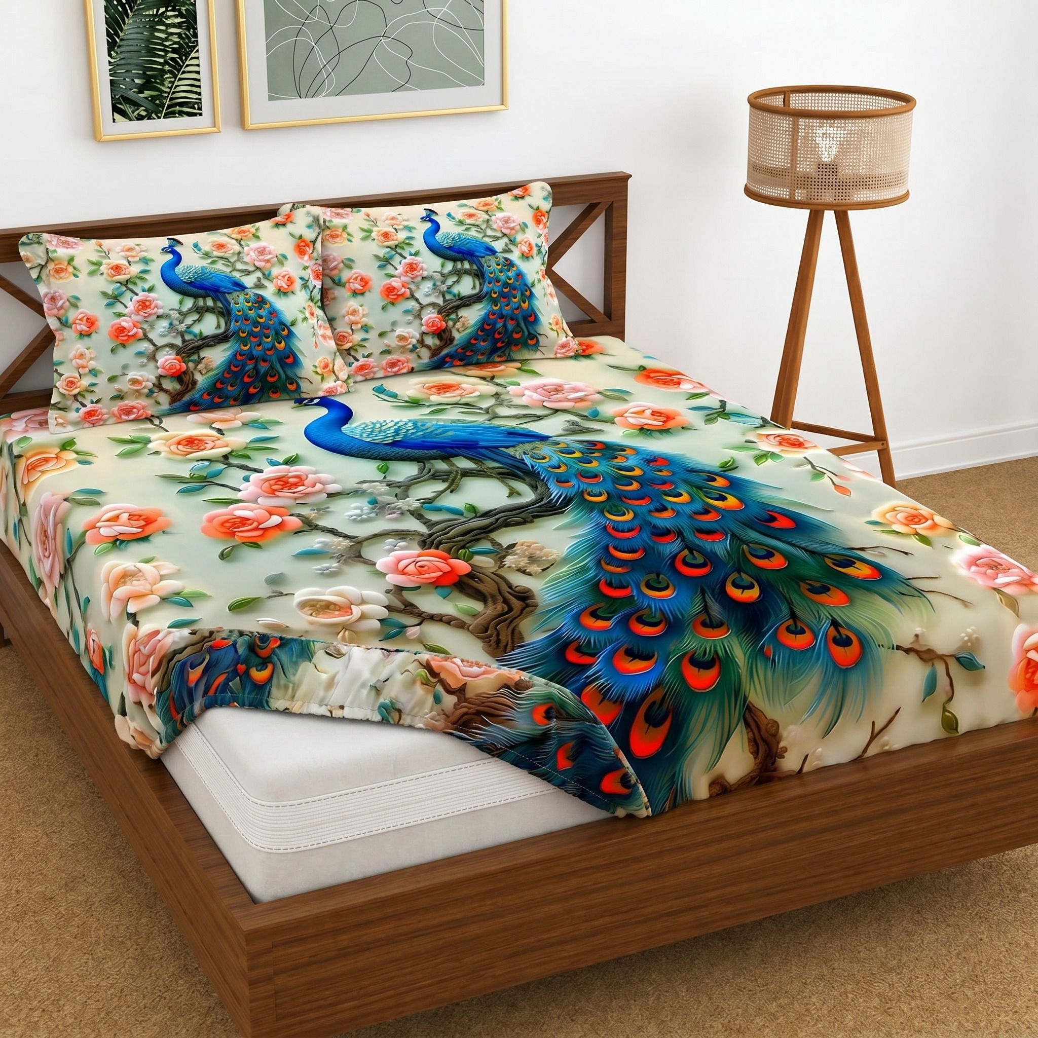 maa home concept Cotton Double Fitted (Elastic) 400 TC Printed 1 Summer Bedsheet with 2 Pillow Covers-picture-16