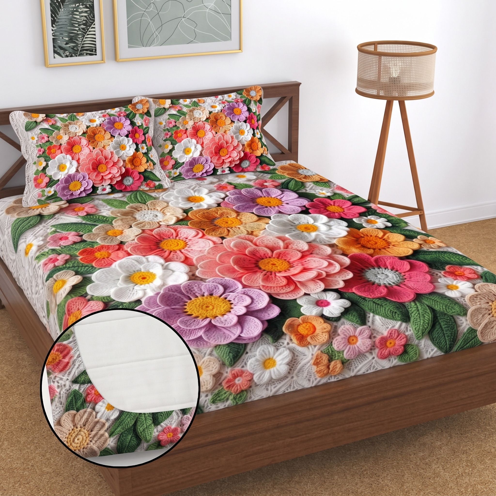 Cotton Double Fitted (Elastic) 400 TC 7D Digital 1 Summer Bedsheet with 2 Pillow Covers-image-6