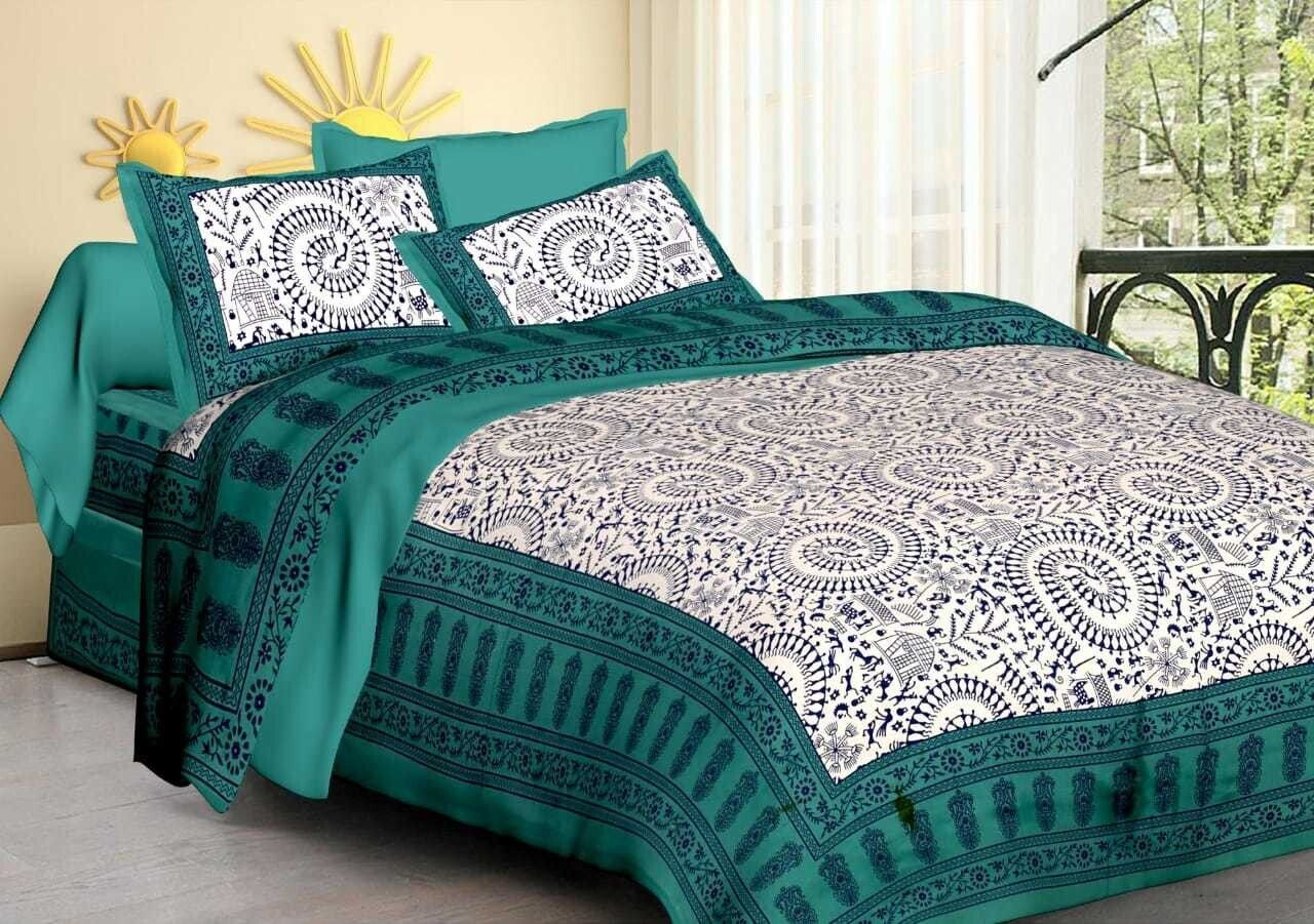 Cotton, Cotton Queen Fitted (Elastic) 144 TC Jaipuri Prints Bedsheet