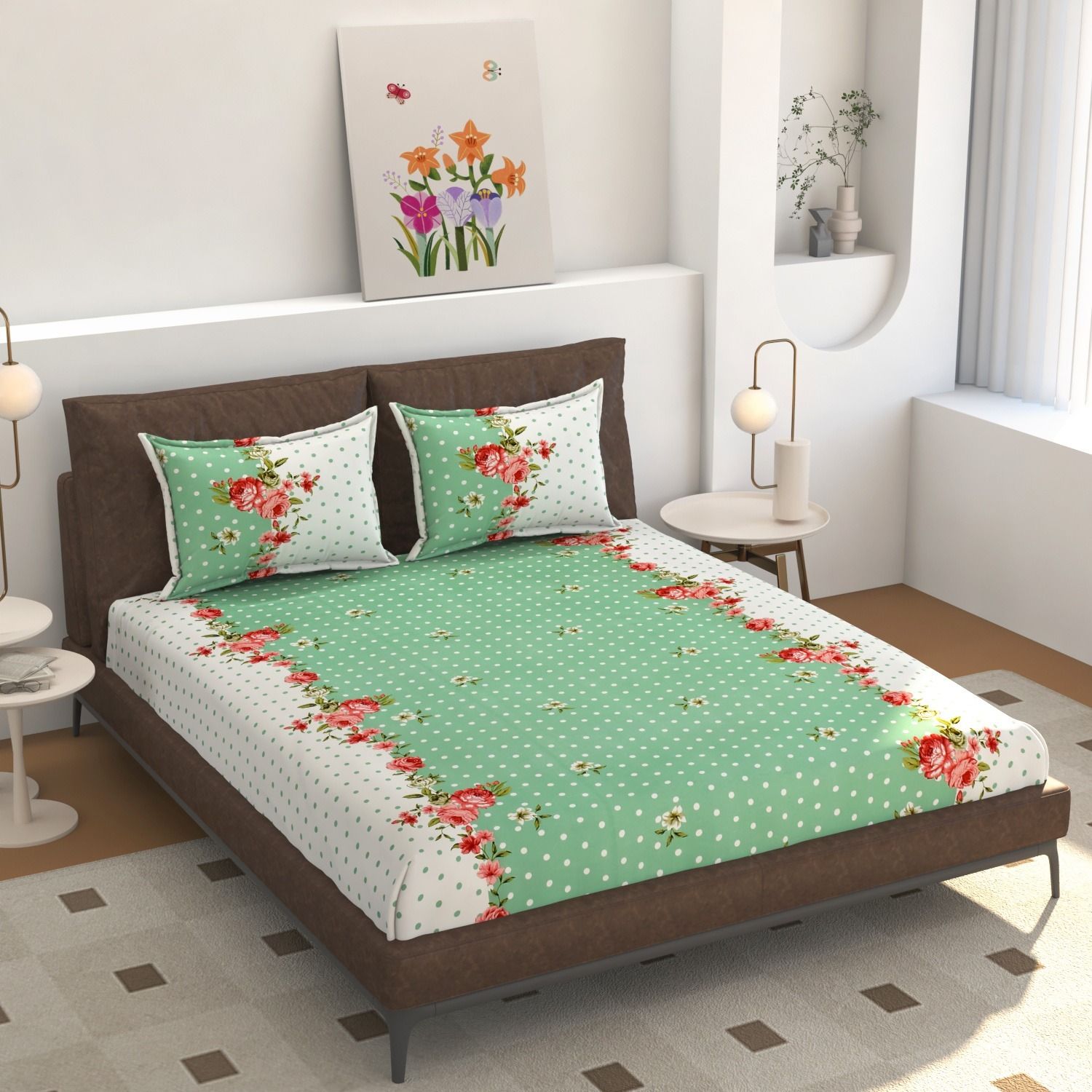 Cotton Double Fitted (Elastic) 200 TC 7D Digital 1 Summer Bedsheet with 2 Pillow Covers-image-44