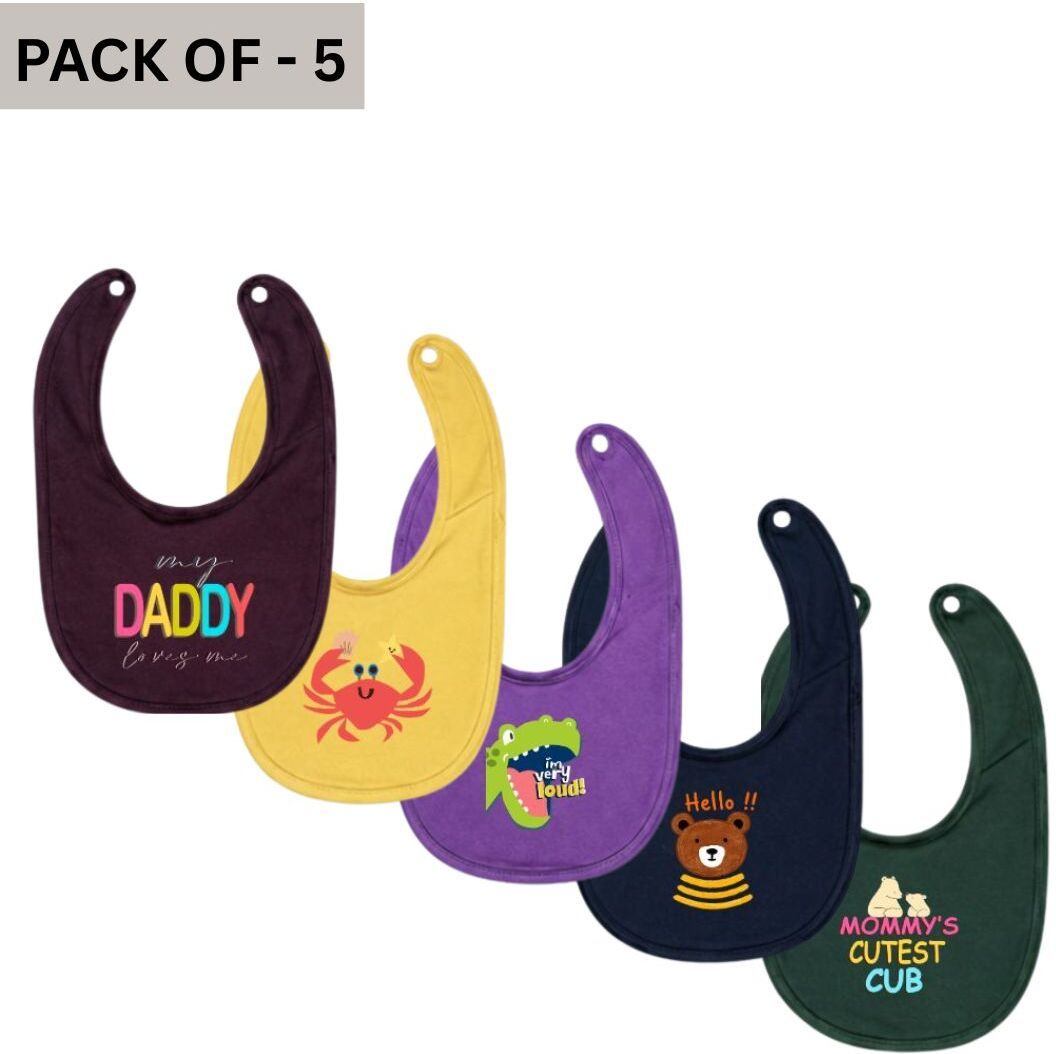 Cotton Terry Printed Baby Feeding Bibs - Multicolor - Pack of 5-image-24