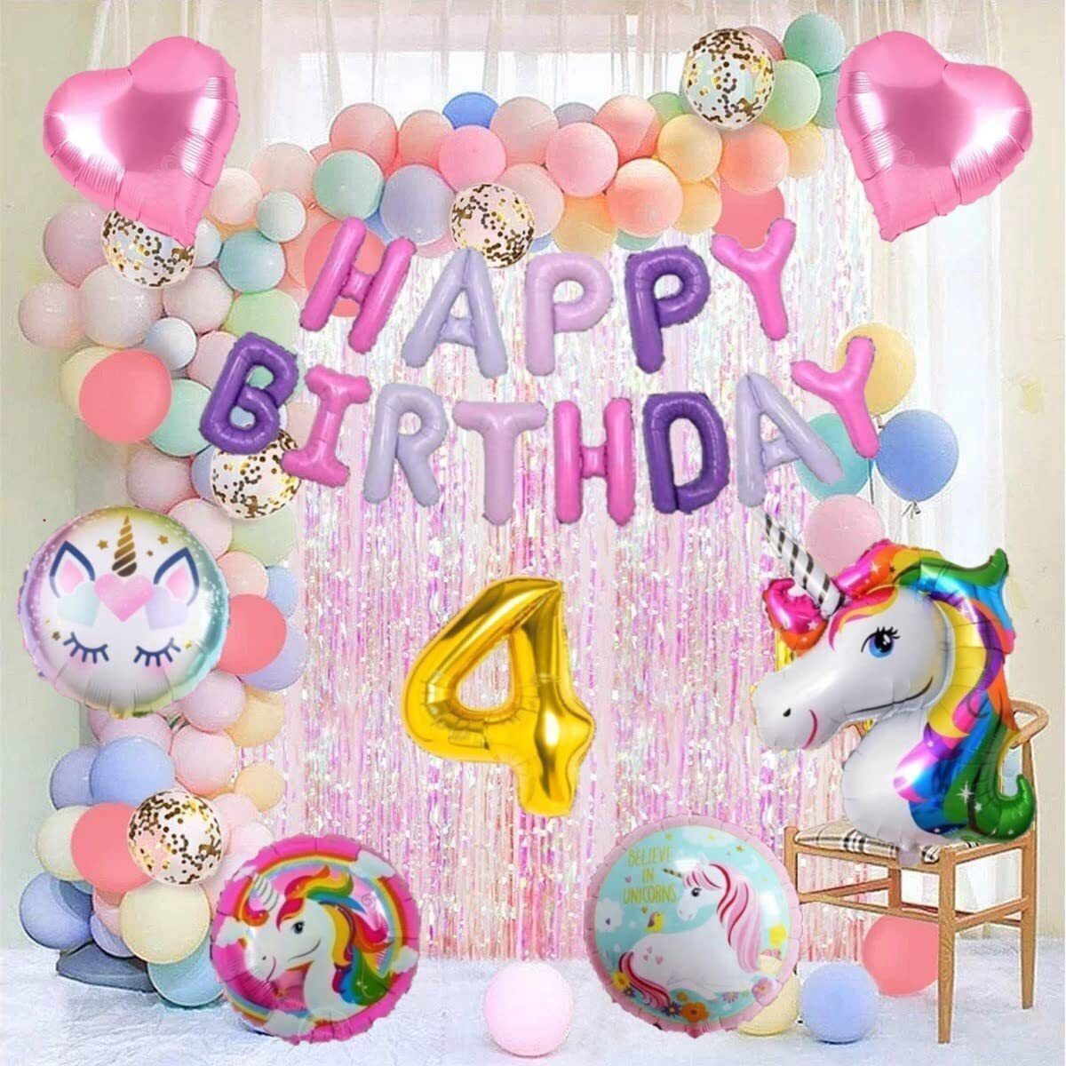 No 4 Gold Balloons with unicorn Theme for Birthday Decoration Items Kit Set-image-40