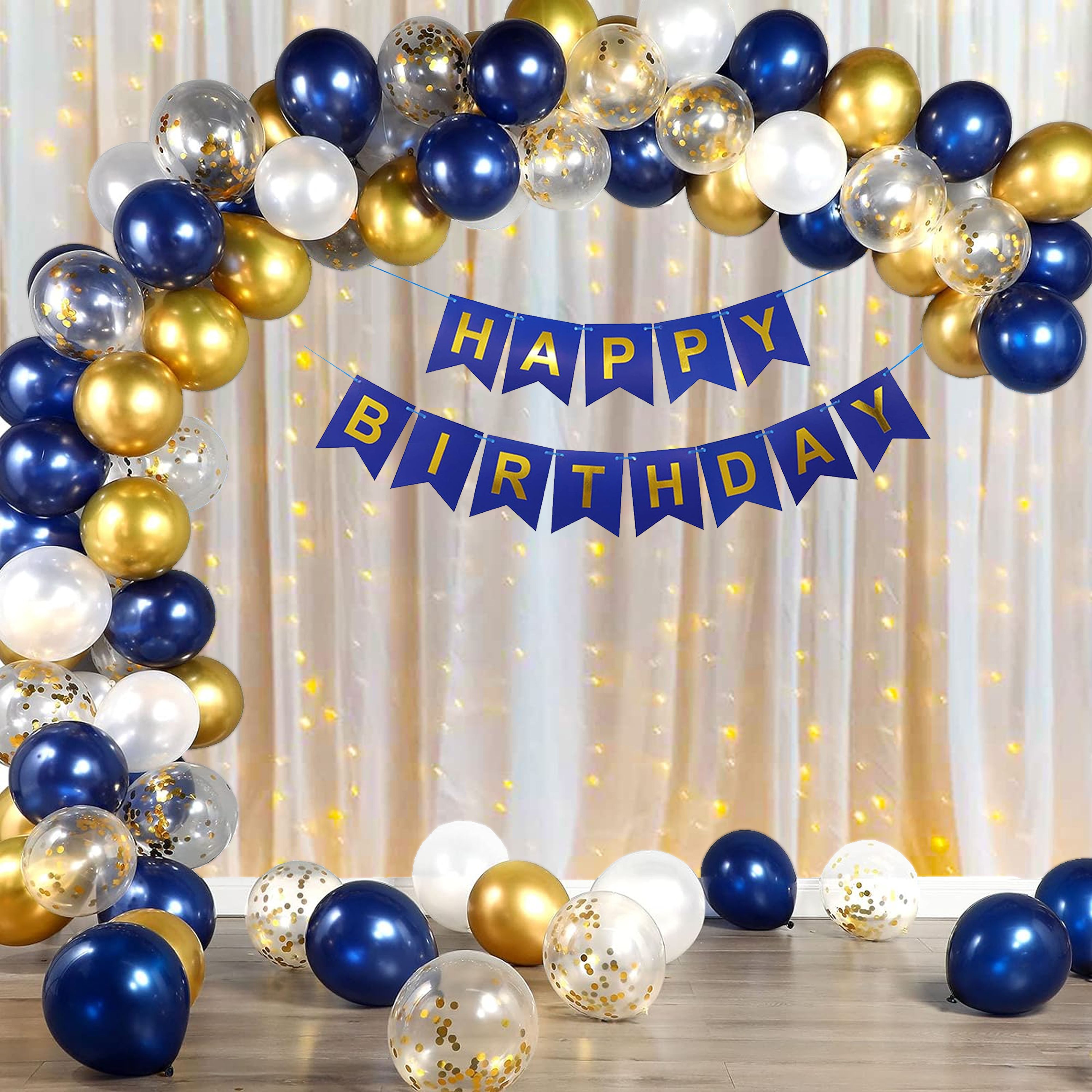 Blue White and Golden Birthday Decoration Kit Combo with Net Curtain and light.-image-43