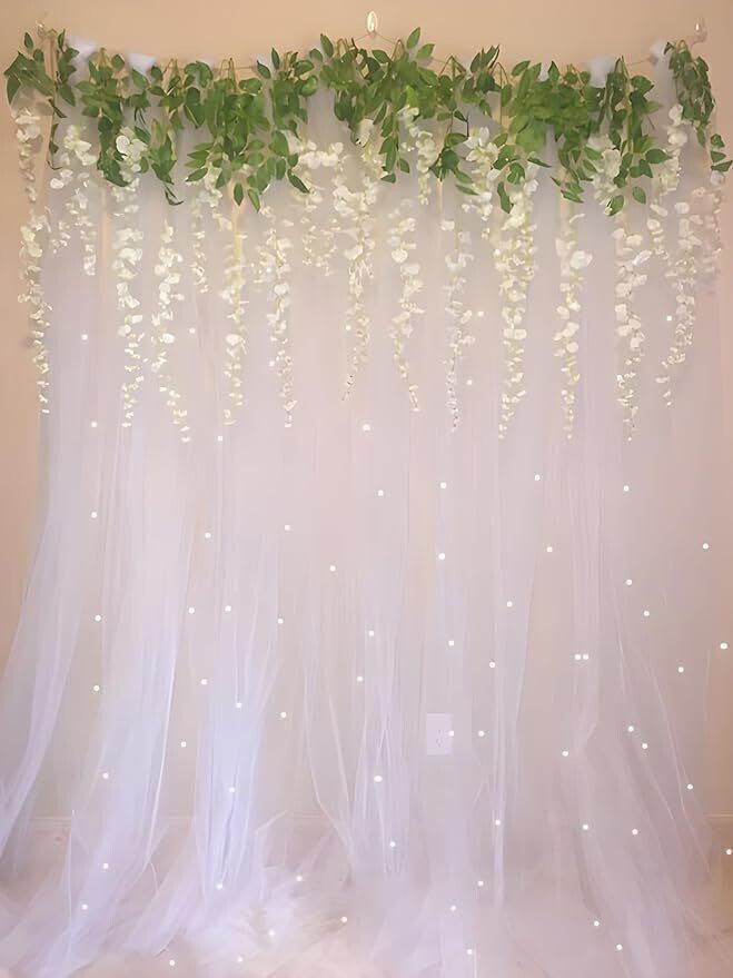 Solid White Wisteria Backdrop Wall Decoration Kit with White net Cloth and Led Light Balloon-image-8