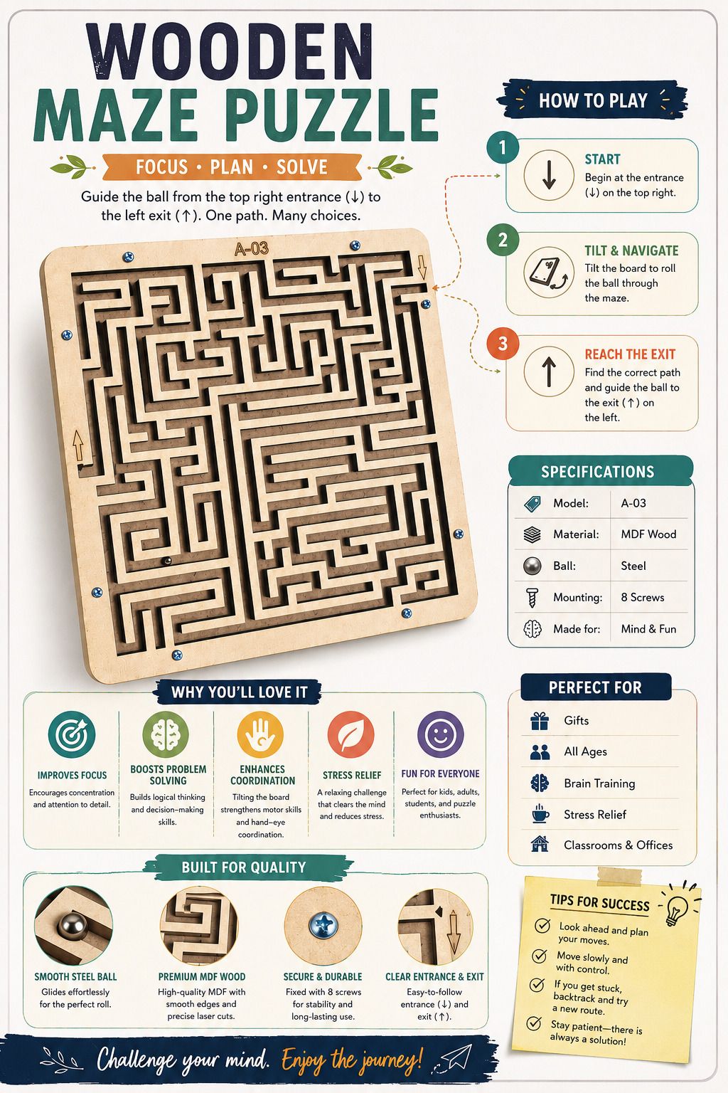 colorbee Wooden Brain Boost Maze Puzzle Board for Kids Educational Activity Learning Toy Board Game Accessories-picture-28