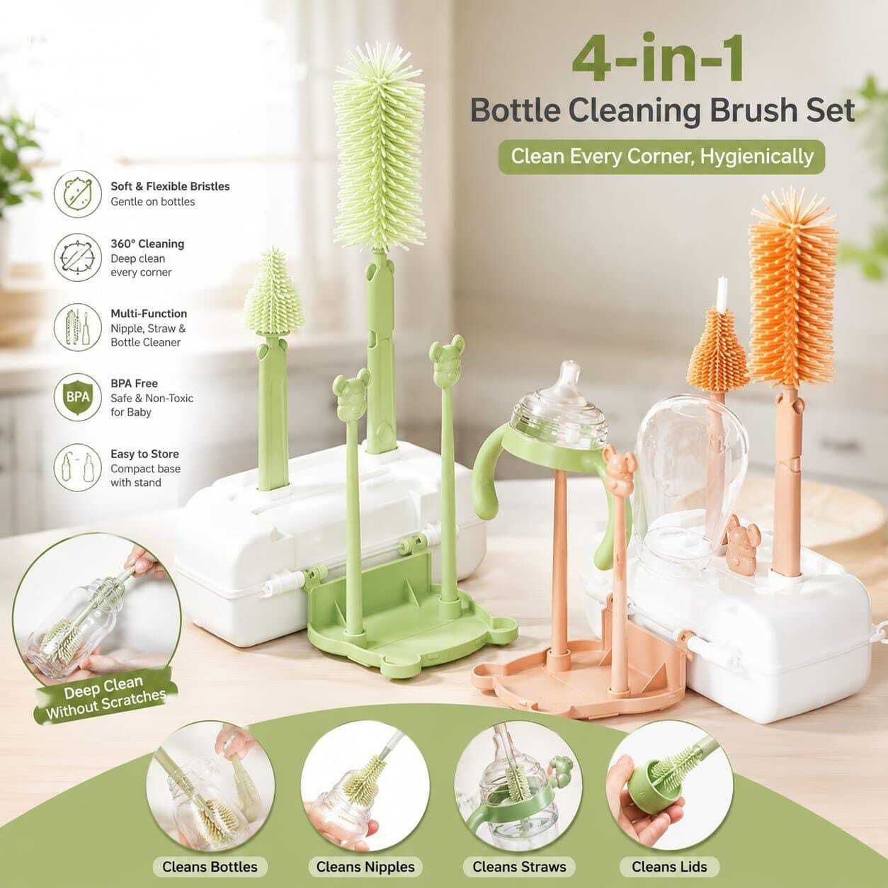navrangi 4-in-1 Baby Bottle Cleaning Brush Set with Drying Rack Stand-picture-17