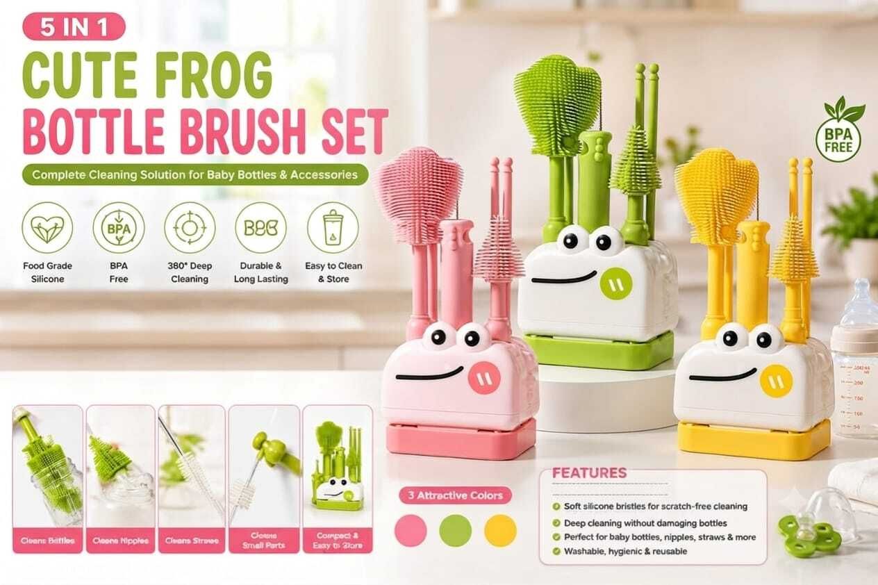navrangi 5-in-1 Cute Frog Baby Bottle Brush Set-picture-19