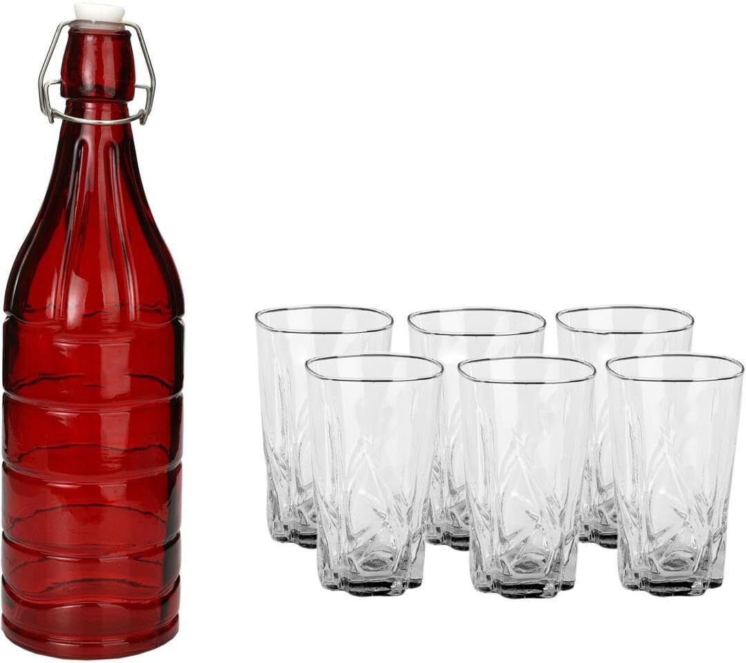 Somil Serving Beverage Glass Set With Red Bottle And Seven Glasses Combo Pack- A110 Jug Bottle Glass Set-image-42