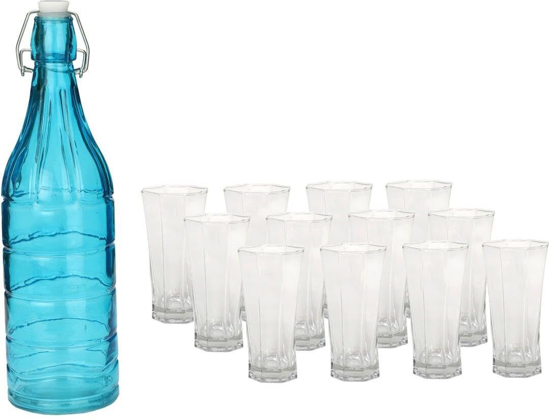 Somil Serving Beverage Glass Set With Blue Bottle And Twelve Glasses Combo Pack- A1 Jug Bottle Glass Set-image-16