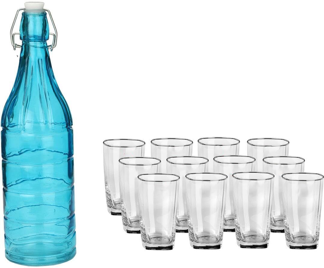 Somil Serving Beverage Glass Set With Blue Bottle And Twelve Glasses Combo Pack- A6 Jug Bottle Glass Set-image-17