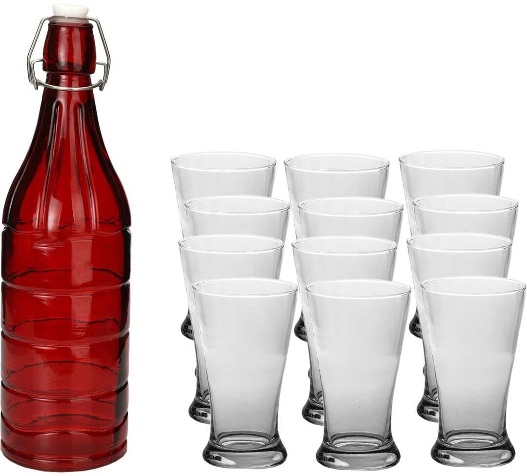 Somil Serving Beverage Glass Set With Red Bottle And Twelve Glasses Combo Pack- A51 Jug Bottle Glass Set-image-41
