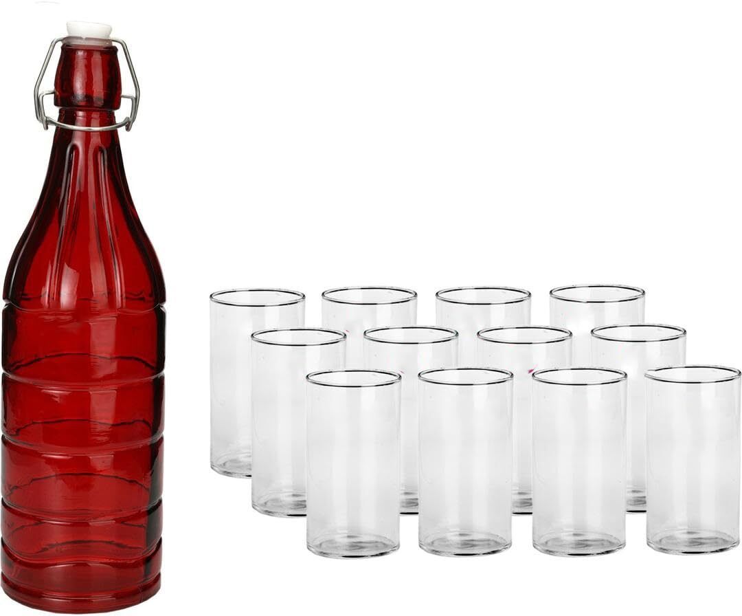 Somil Serving Beverage Glass Set With Red Bottle And Twelve Glasses Combo Pack- A53 Jug Bottle Glass Set-image-43