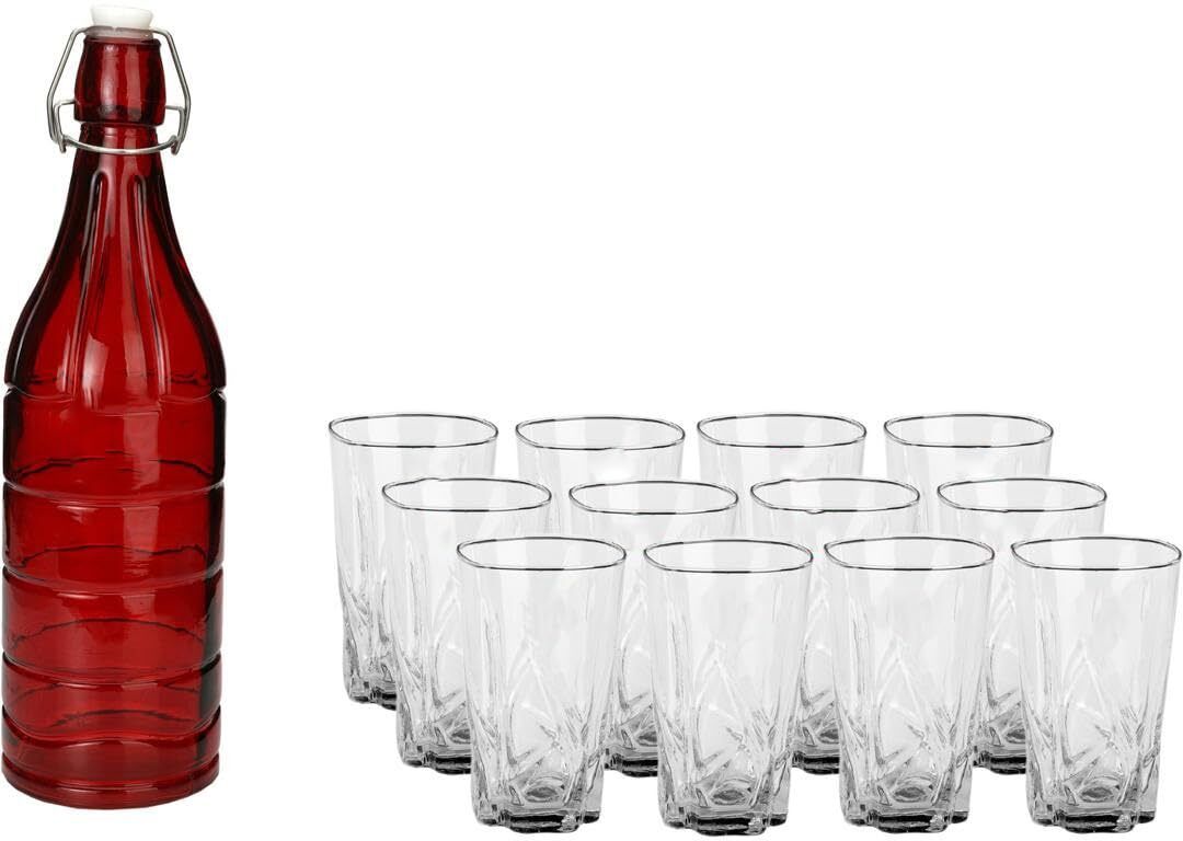 Somil Serving Beverage Glass Set With Red Bottle And Twelve Glasses Combo Pack- A50 Jug Bottle Glass Set-image-40