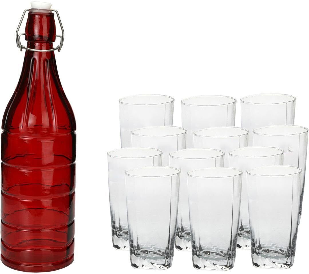 Somil Serving Beverage Glass Set With Red Bottle And Twelve Glasses Combo Pack- A55 Jug Bottle Glass Set-image-37