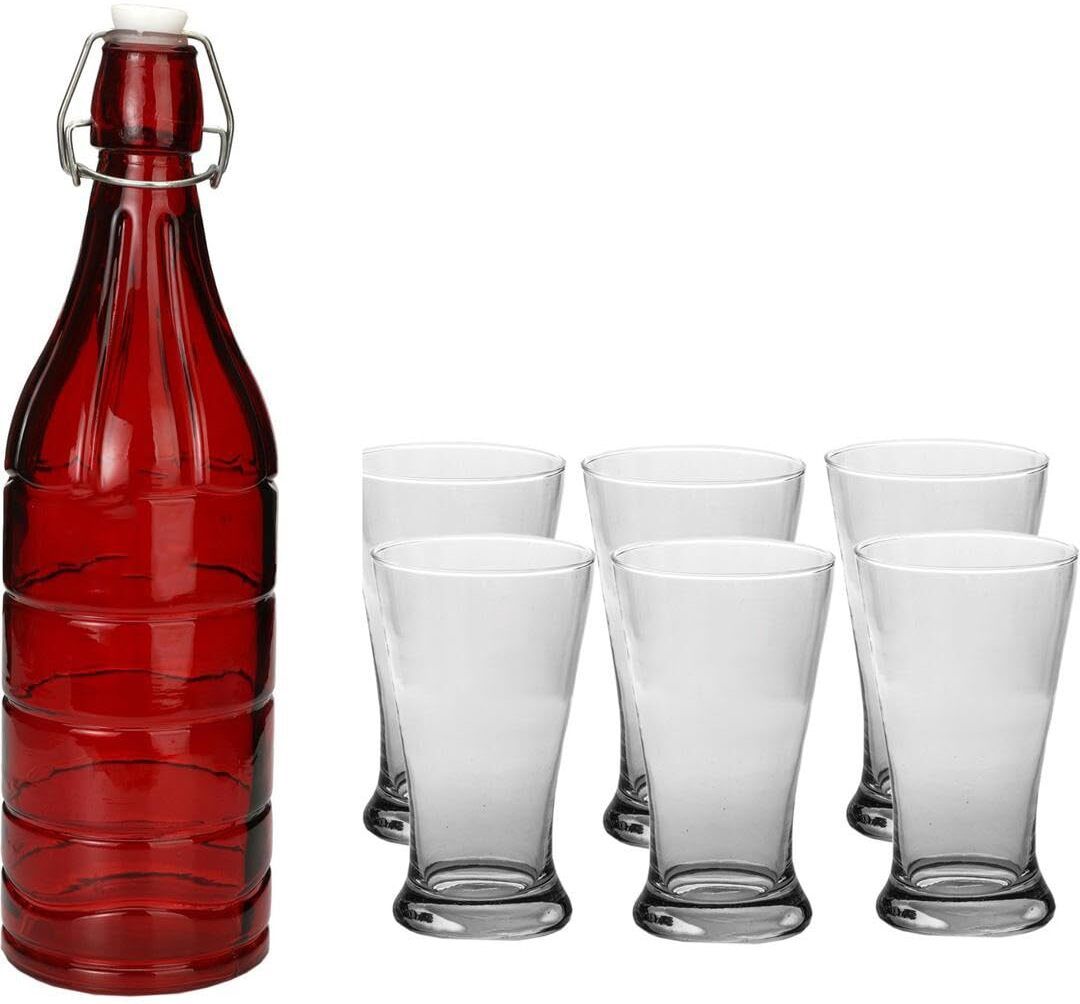 Somil Serving Beverage Glass Set With Red Bottle And Seven Glasses Combo Pack- A111 Jug Bottle Glass Set-image-36