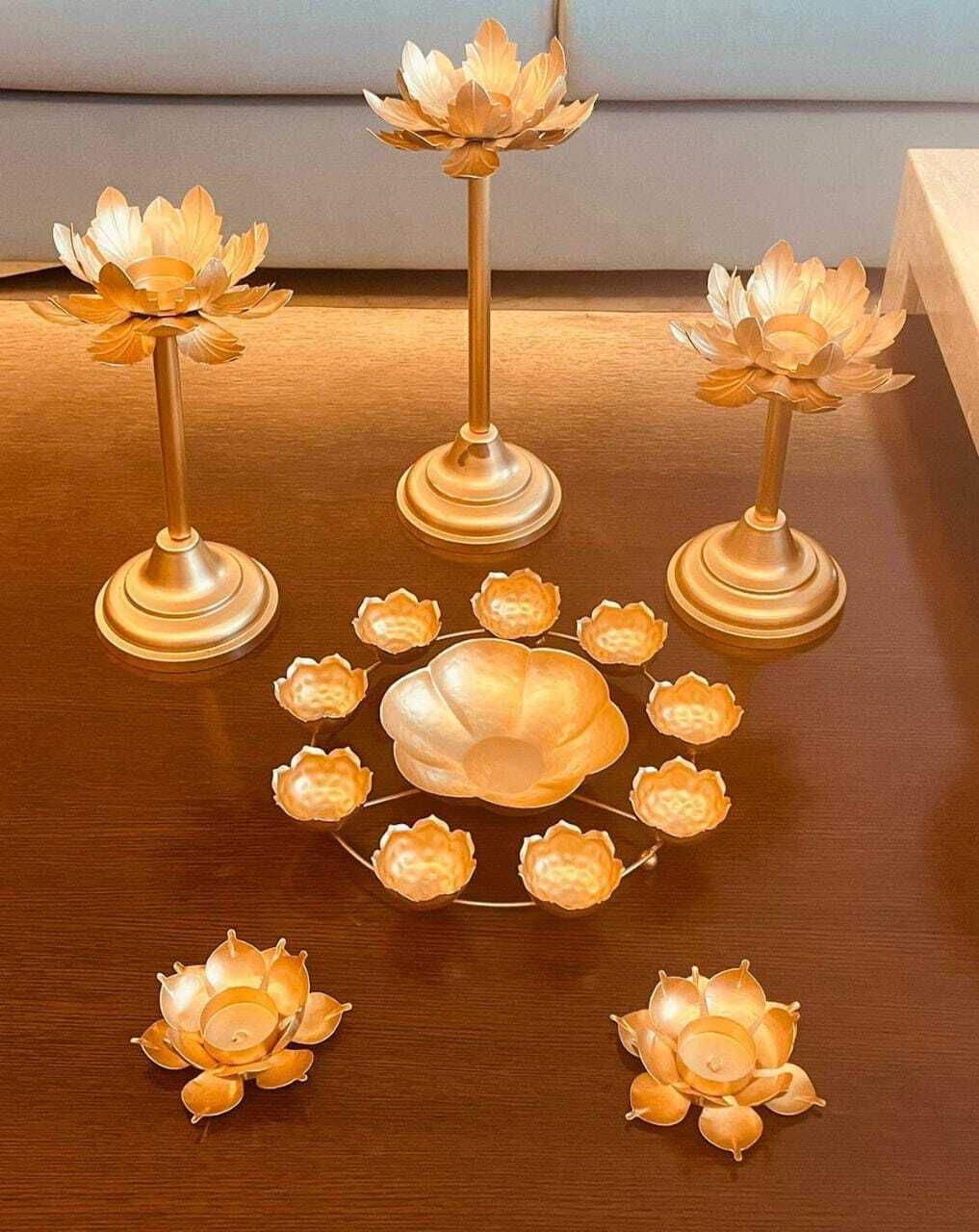 aan decor Combo of rangoli, candle t light holder set of 3 and 2 diyas Iron 14 - Cup Tealight Holder Set-picture-53