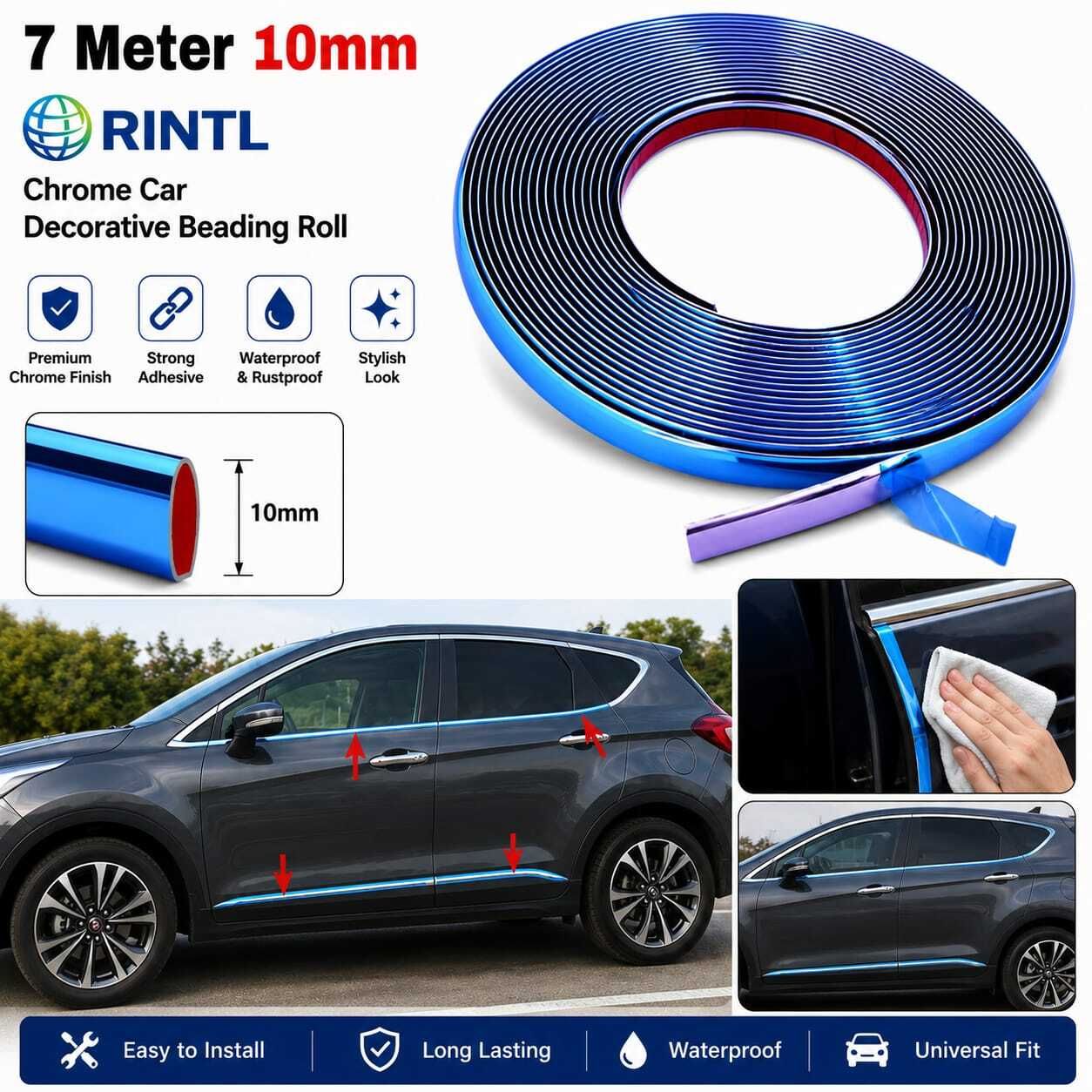 Strong Adhesive Chrome Moulding Tape – 10mm x 7 Meter Car Beading Roll For Window-image-9