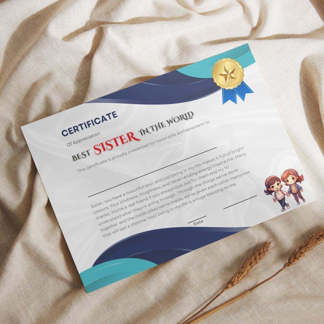 A4 Size 8.3x11.7inches World Best Elder Younger Sister Certificate Award Greeting Card-image-2
