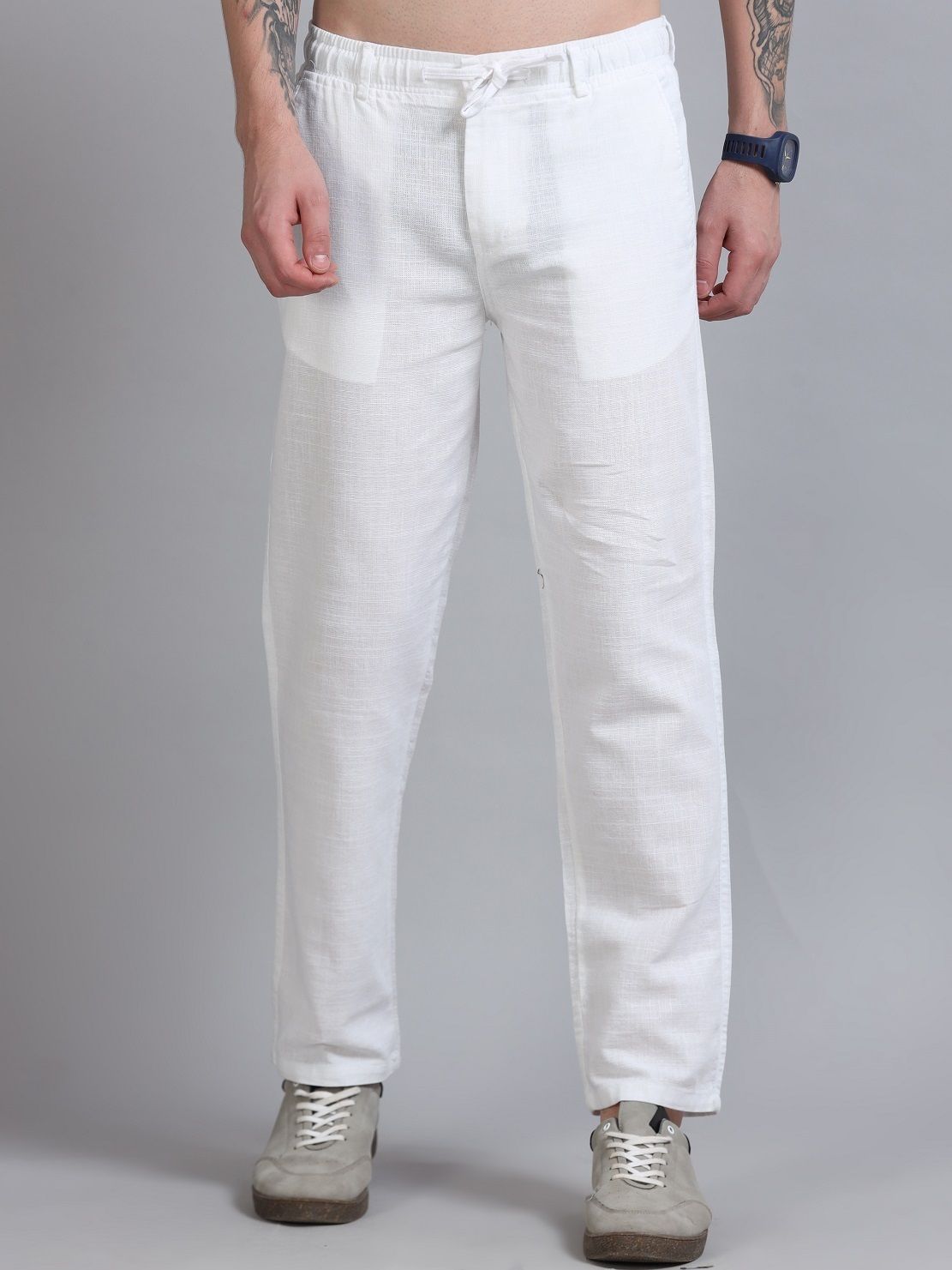 bellaciao clothings co Men Relaxed White Linen Blend Trousers-picture-26