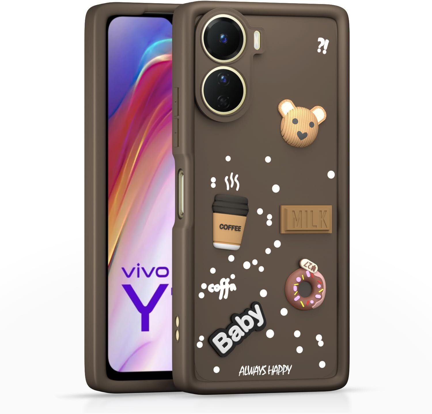Back Cover for Vivo V2204 / T2x 5G / Y56 5G / Y16 | Smile Taddy |3D Ball Bear |Milk Donut |Coffee Cup-image-36