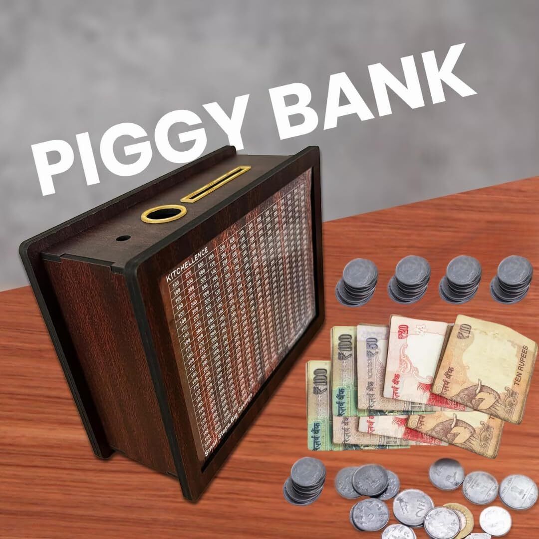 Wooden Money/Piggy Bank, with 5+ Sheets for savings 1,00,000 for Kids Coin Bank-image-10