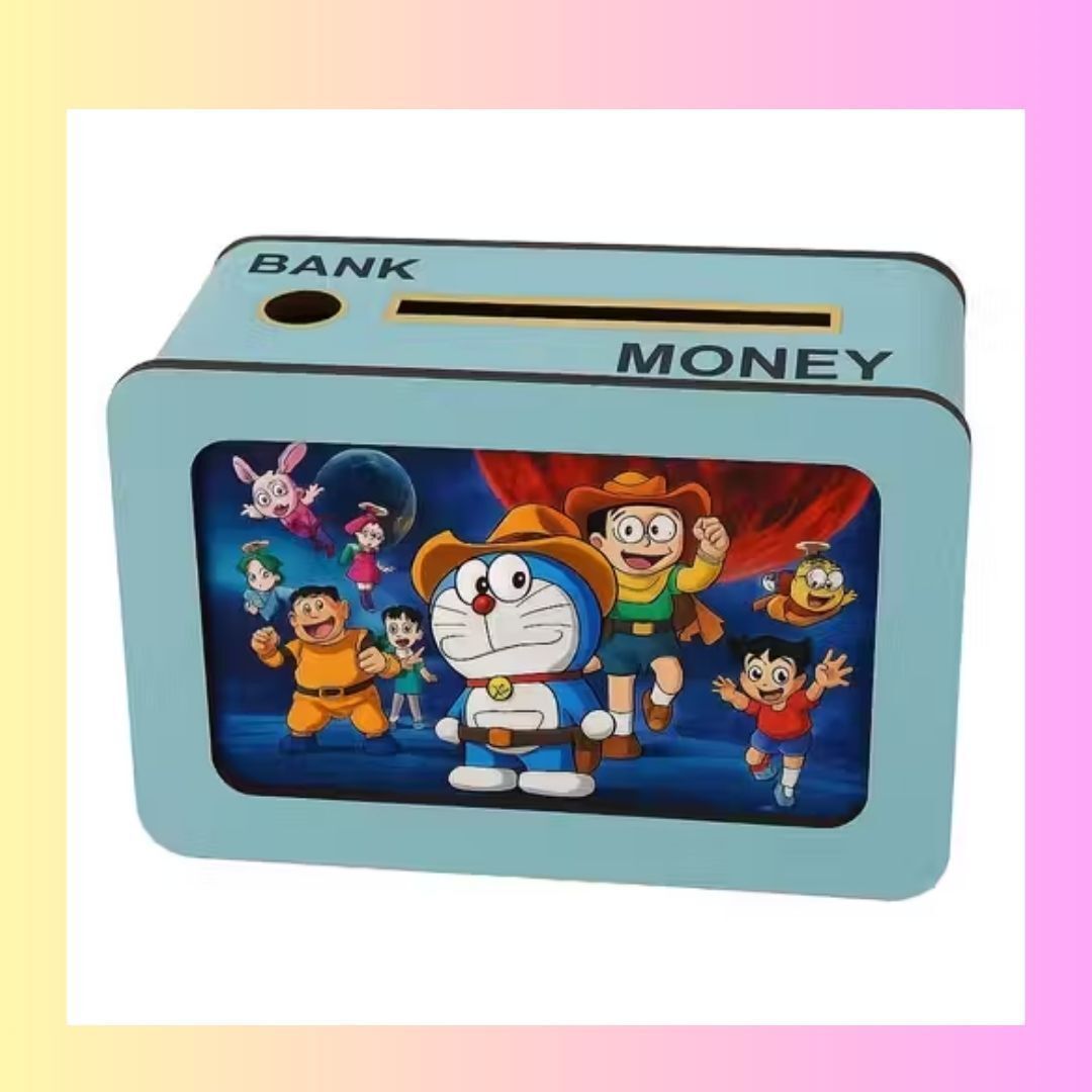 MINI Doraemon Wooden Money Saving Box for Kids – ₹10,000 Goal Chart Coin Bank-image-1