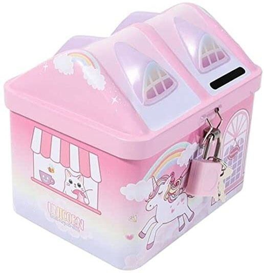 Unicorn Piggy Bank for Girls Kids with Lock Key, House Shape Coin Bank for Girls Coin Bank