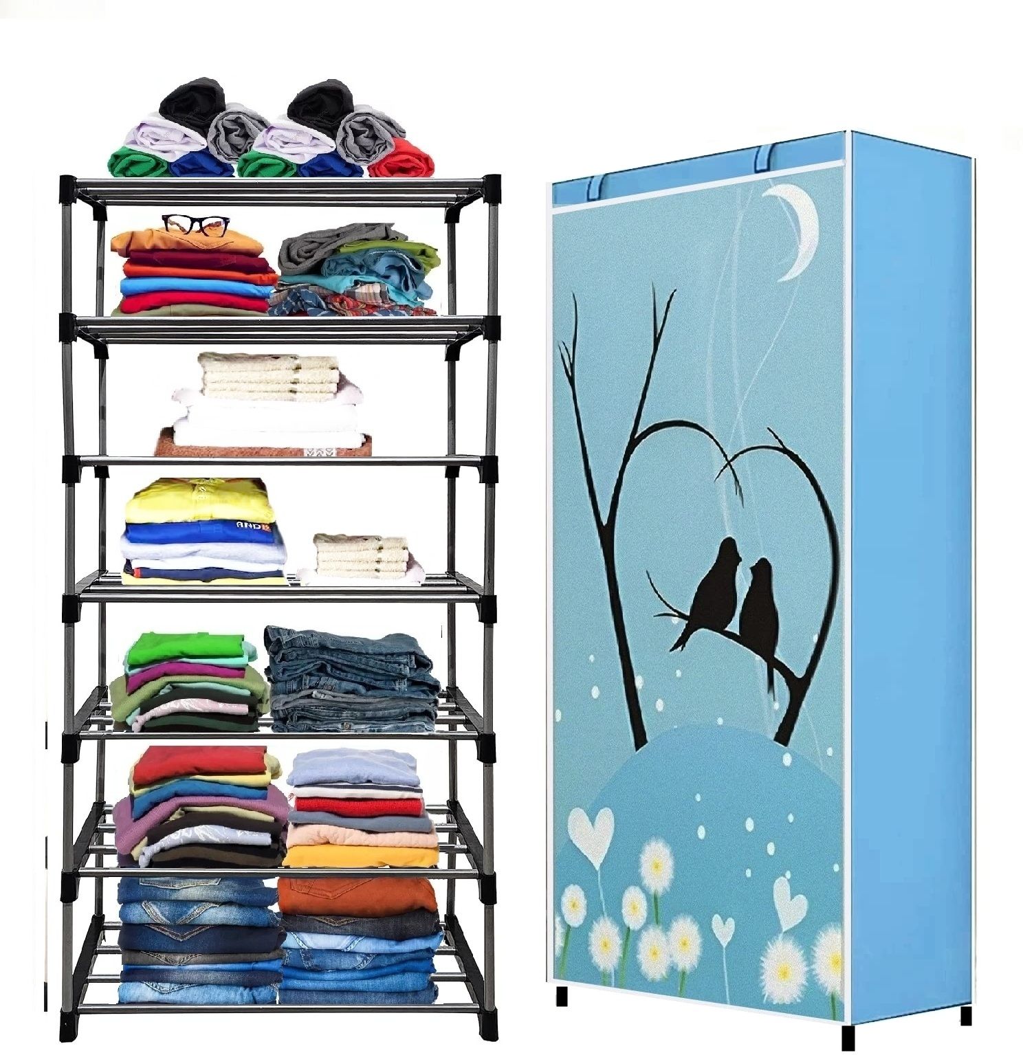 Light Blue-Metal-6 Layer Carbon Steel Collapsible Wardrobe