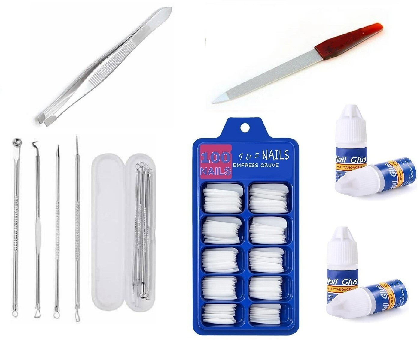 zailie Artificial Arylic Fake 100 Nails With Glue 4 Bottle with Nail Filer And Plucker and Blackhead 4 different Pins image 1