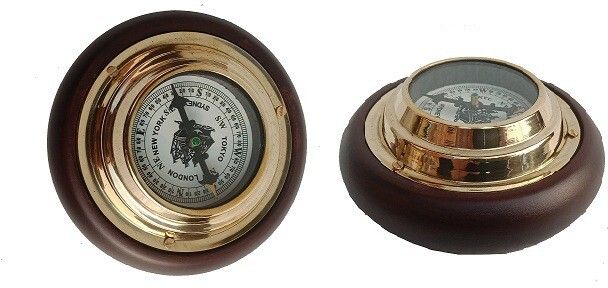 Vintage Nautical Paper Weight Desk Compass (Dome Shaped, Wooden, 3 Inch) Compass-image-2