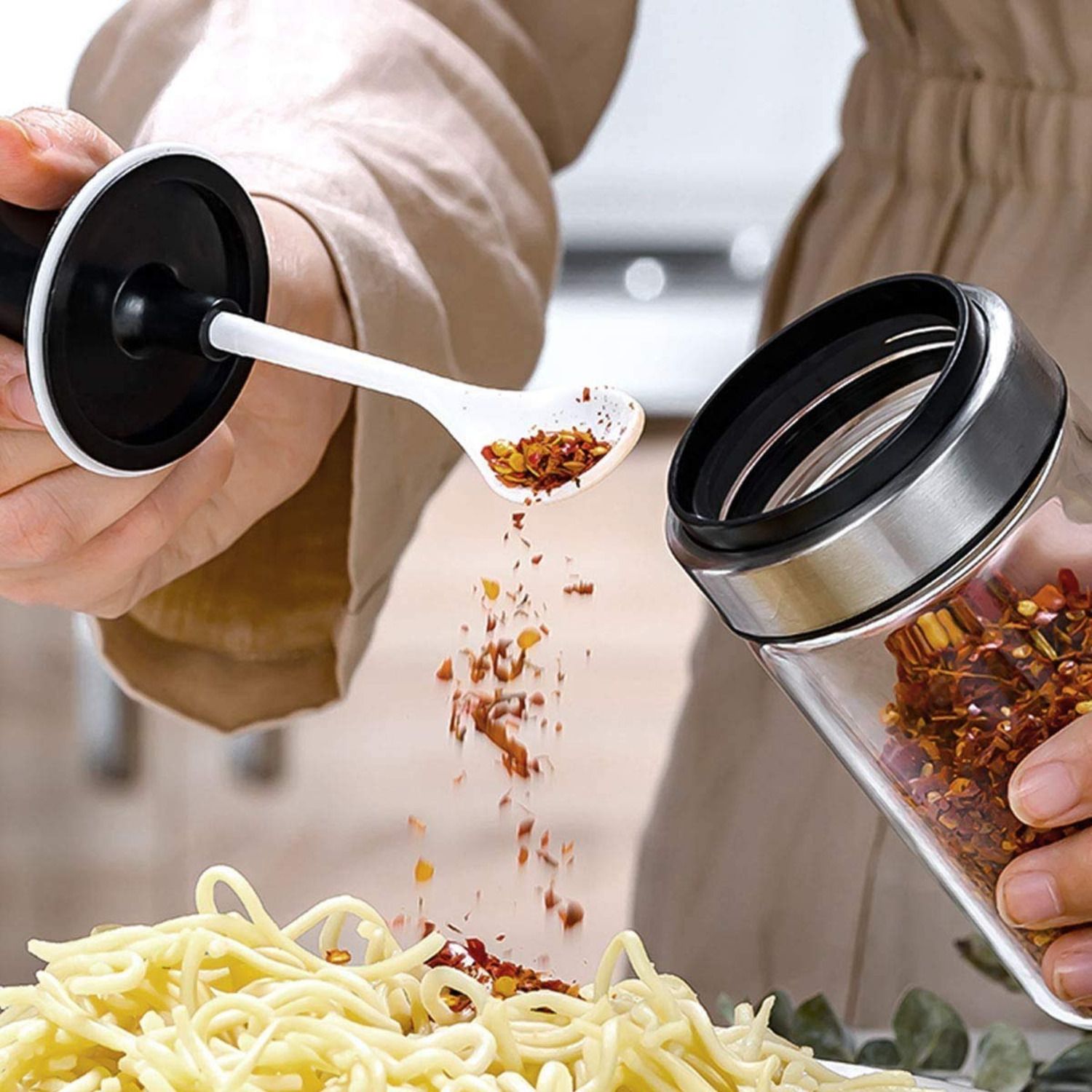 2 Pcs Glass Spice Jar with Integrated Spoon Lid Moisture Proof Seasoning Bottle Sugar Sprinkler 250 gm-image-33